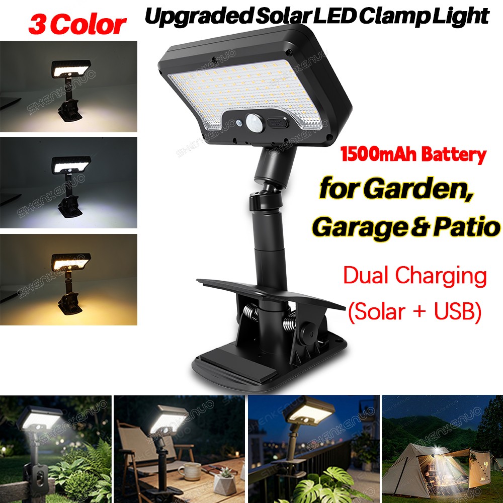 Upgraded Solar LED Clamp Light with 92 LEDs, Dual Charging (Solar + USB) Outdoor