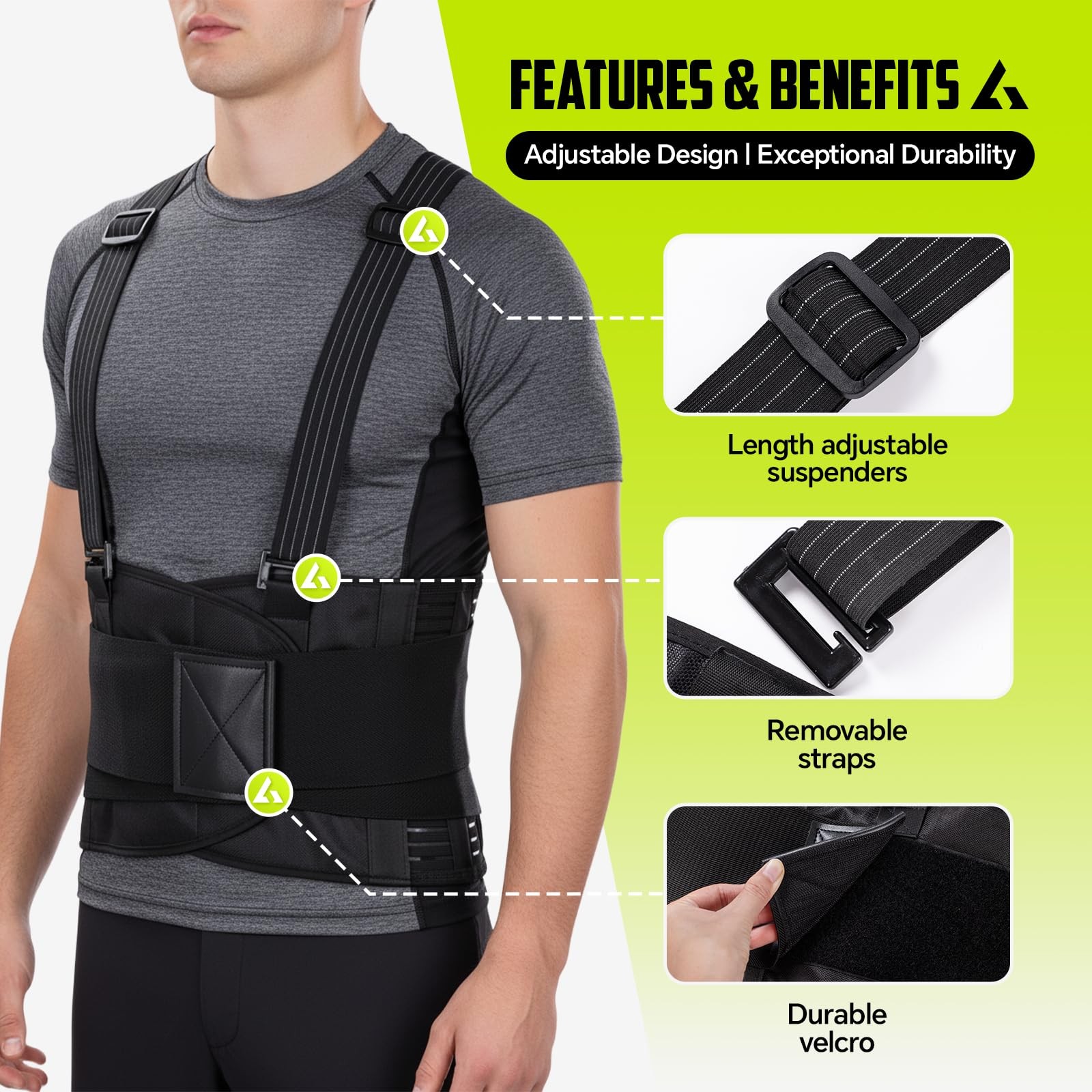 Work Back Brace with Suspenders Adjustable Lumbar Back Support Belt Men & Women