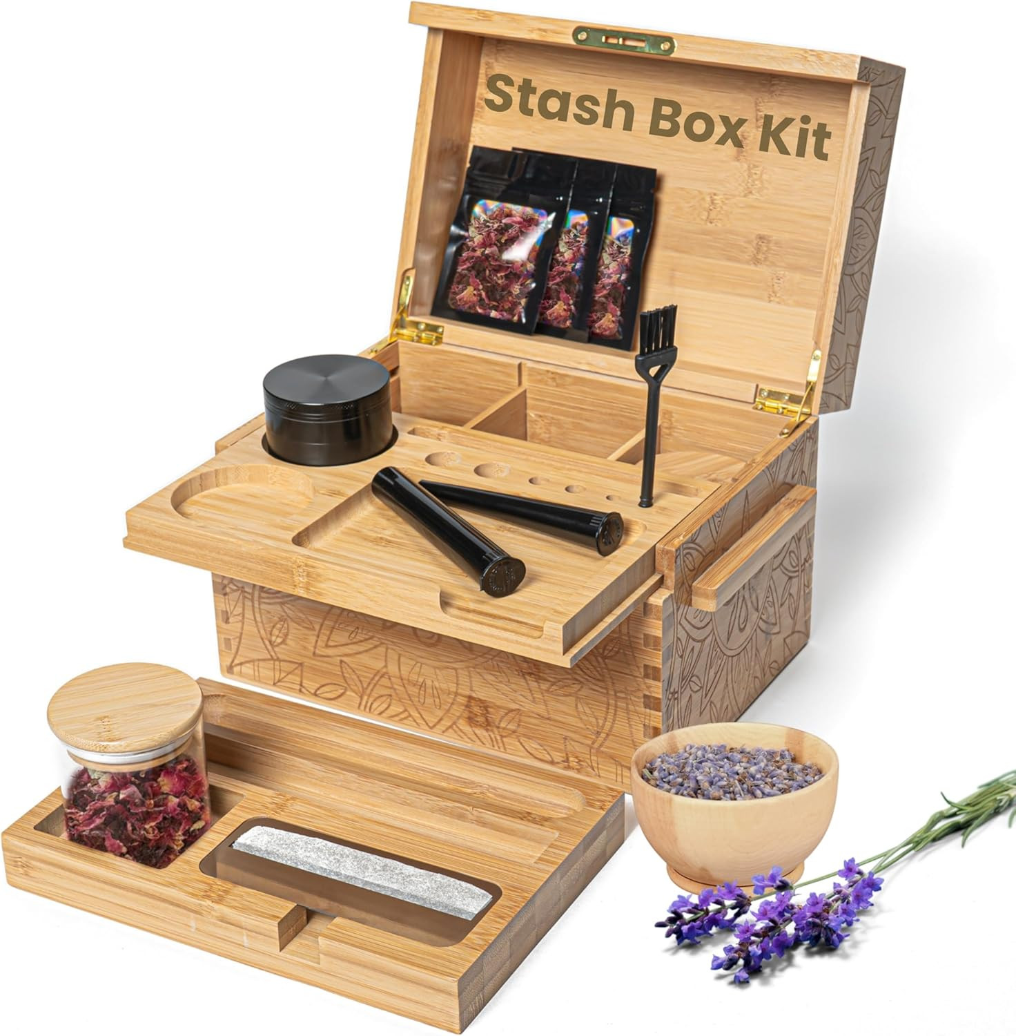 Stash Box with Combo Lock & Accessories Set - Lockable Wooden Stashbox, Storage