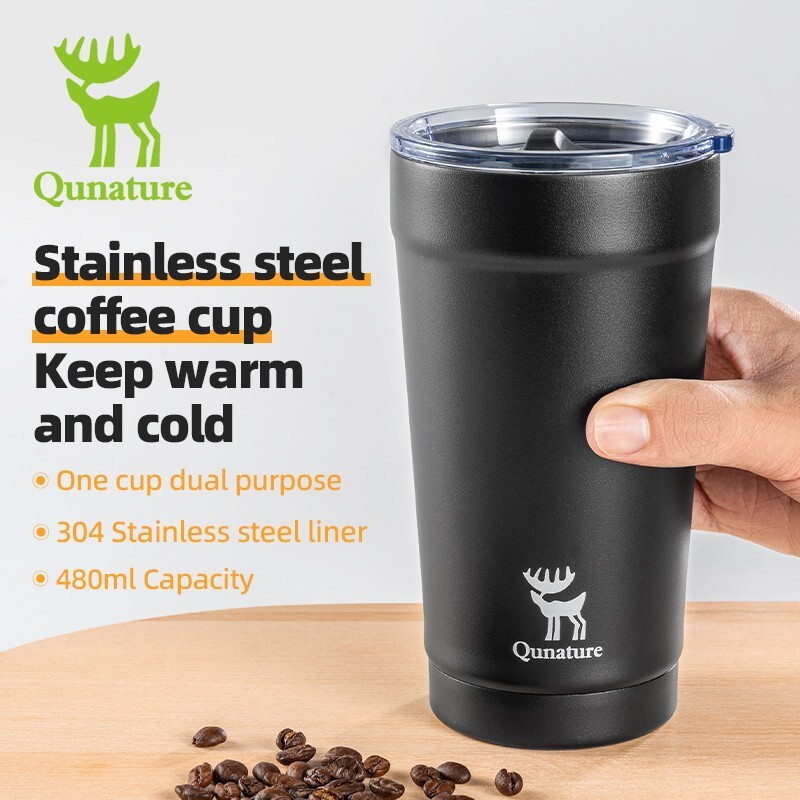 Qunature Travel Coffee Tumbler 16 oz, Insulated Mug w/Lid, Stainless Steel Cup