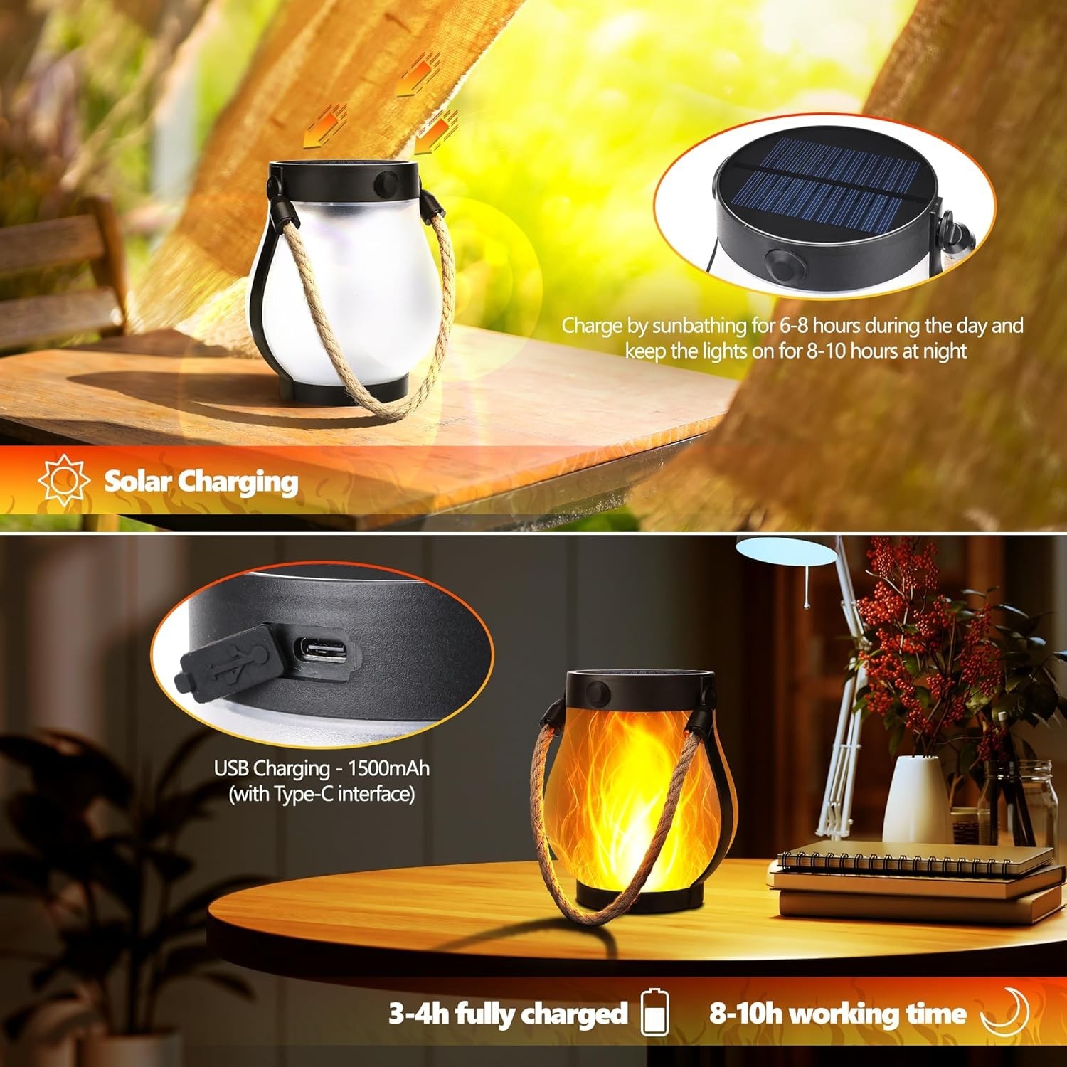 Solar Lanterns Outdoor Waterproof - 2 Pack Hanging Solar Flame Lights with Du...