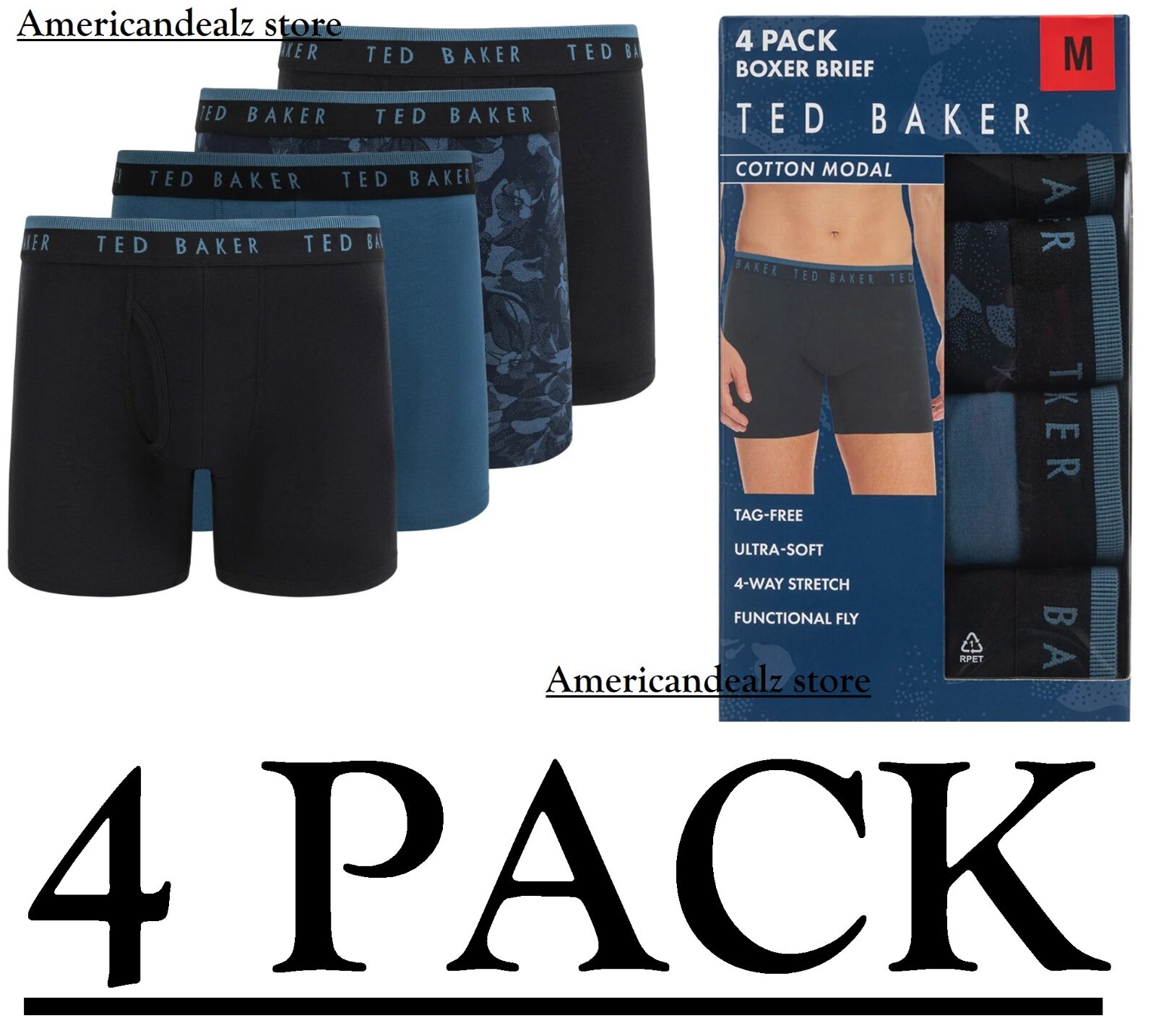 Ted Baker Mens Boxer Briefs Black Blue 4-Pack Stretch Tagless Soft Lightweight