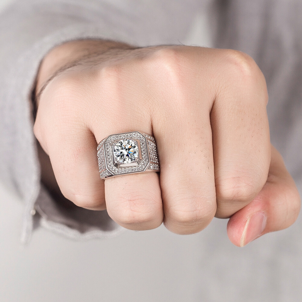 925 Sterling Silver Size 8-13 Clear Cubic Zirconia Ring Cluster Ring for Men