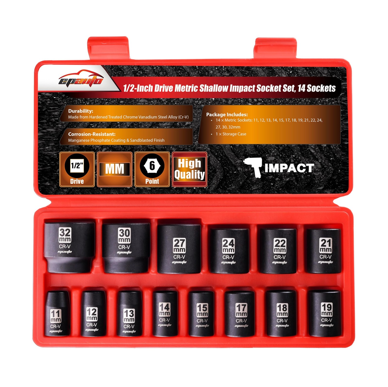 EPAuto 1/2-Inch Drive Metric Shallow Impact Socket Set, Cr-V, 6... FAST USA SHIP