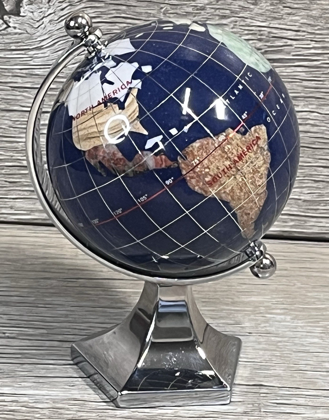 GEMSTONE MINI WORLD GLOBE Semi-Precious Inlay Chrome Stand 5.5" Tabletop Decor