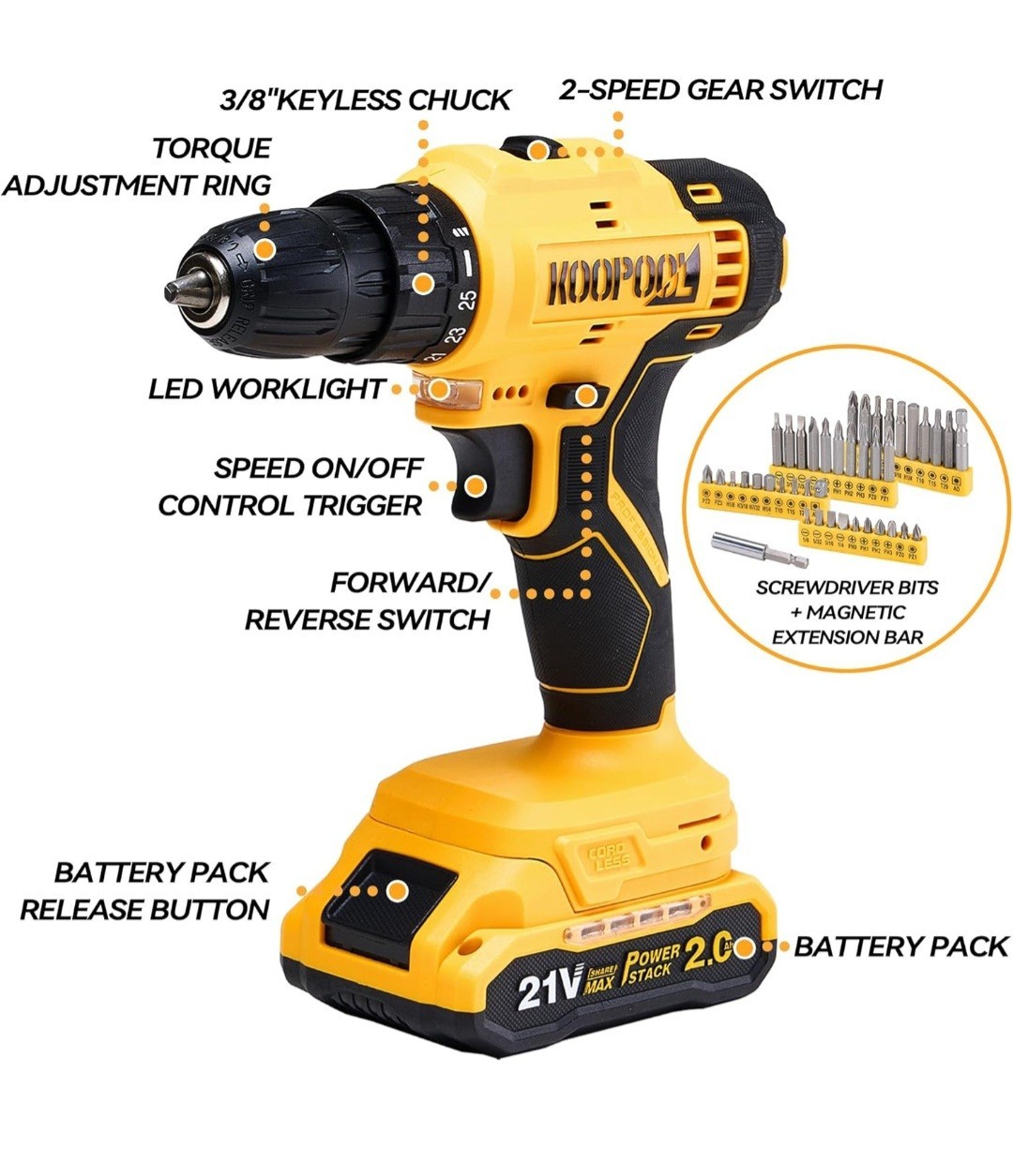 KOOPOOL 21V Cordless Drill/Driver Kit 187 pcs Case, Battery, Charger, Bits,Tools