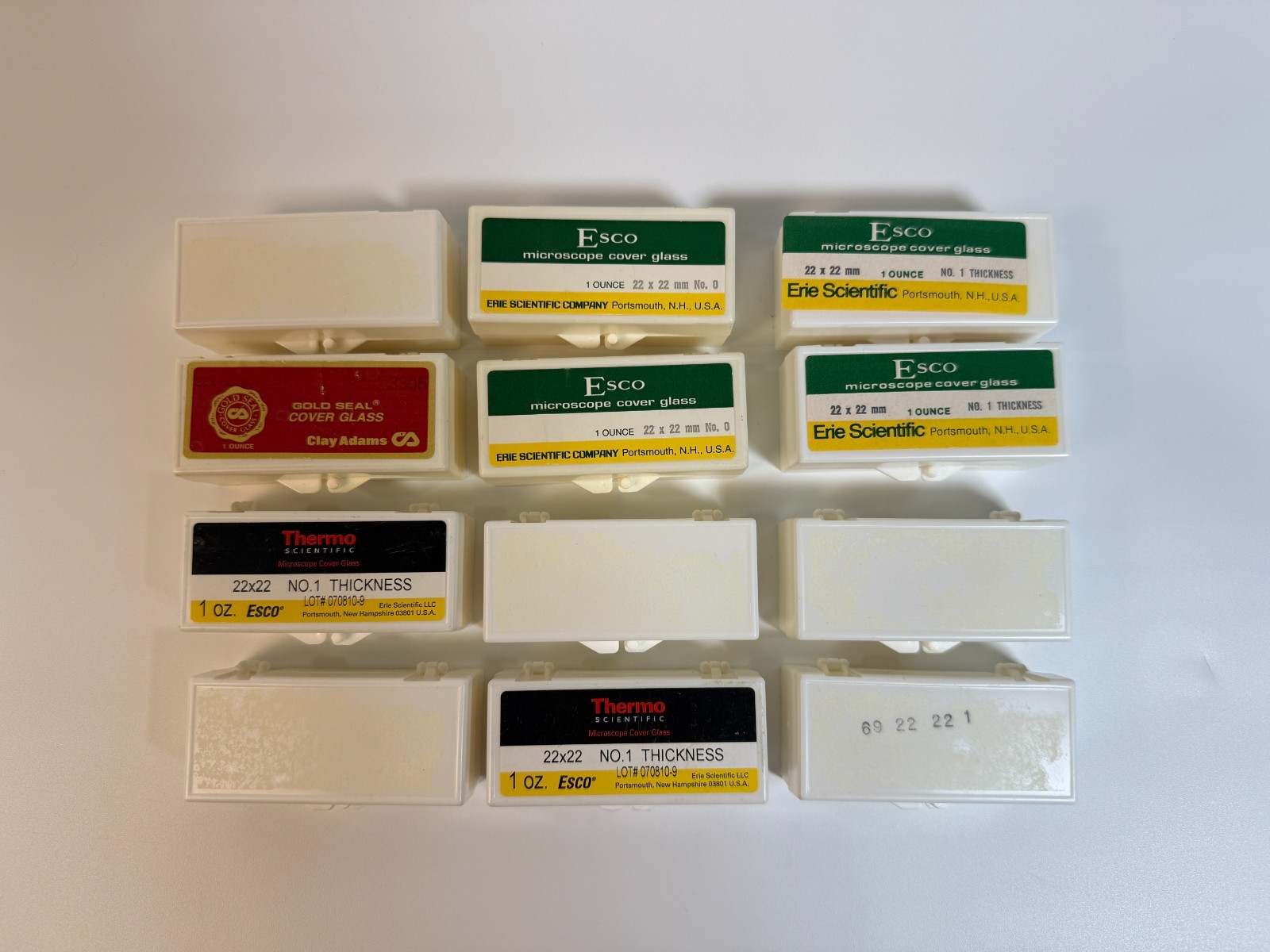 Lot of 12 Microscope Cover Glass Boxes 22x22 No. 1 Esco Erie Scientific Thermo