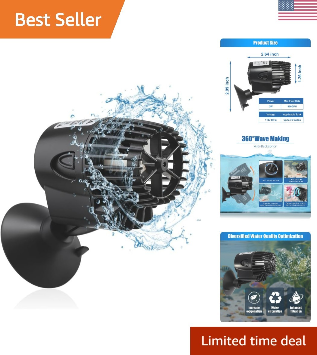 800GPH Mini Aquarium Circulation Pump Ultra-quiet Fish Tank Wave Maker With S...