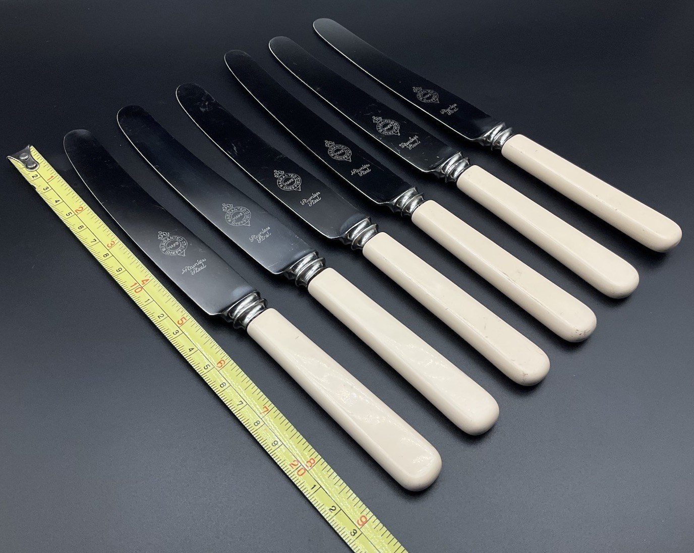 Vintage Set Of 6 Faux Bone Knives Warranted SHEFFIELD Cutlery