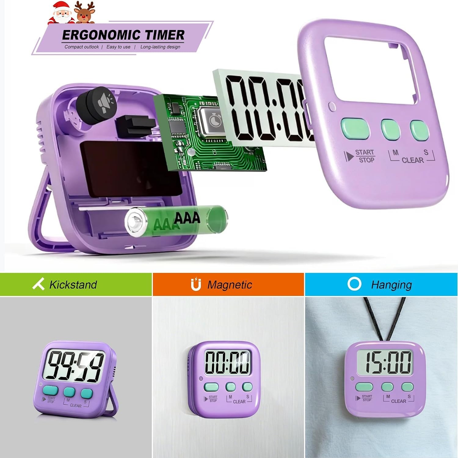 2 Pack Digital Kitchen Timer for Kids - Countdown & Count Up, Loud/Silent Mode