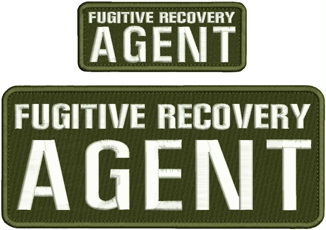 2 Fugitive Recovery Agent EMB Patches 10X4 And 5x2 Velcr@ On Back White on Olive