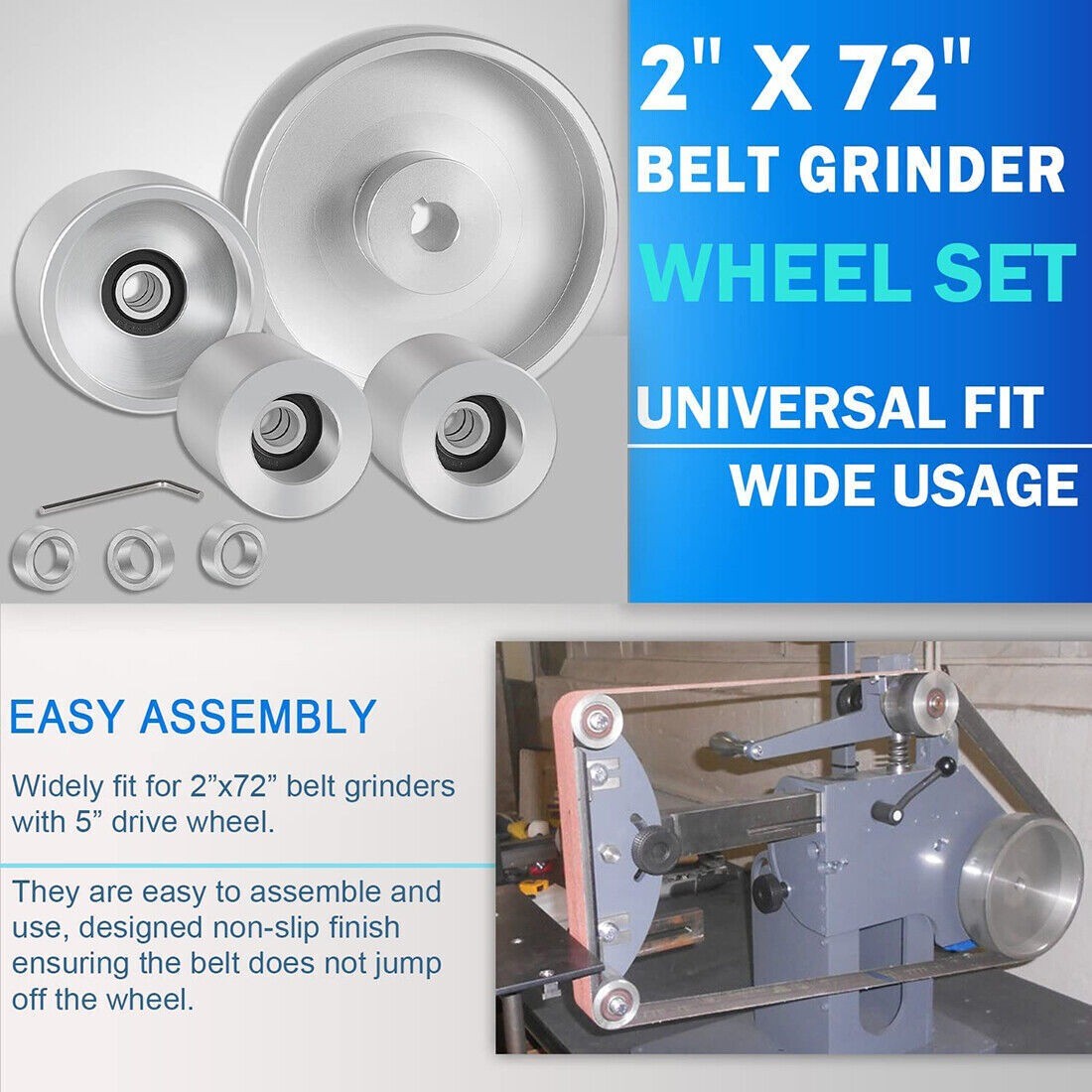 2" x 72" Belt Grinder Wheel Set Complete Wheel Kit or Knife Grinder 5" Drive