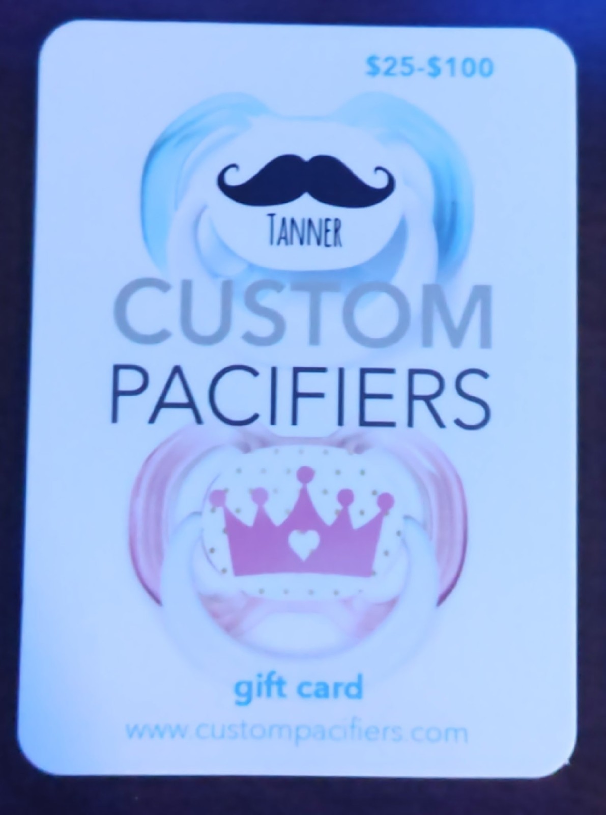 Tanner Custom Pacifiers Gift Card Baby Shower Favors
