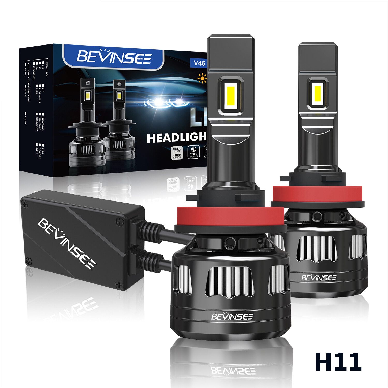 BEVINSEE V45 H9 H11 H8 LED Headlight Bulbs High Low Beam 6000K 22000LM 120W Kit