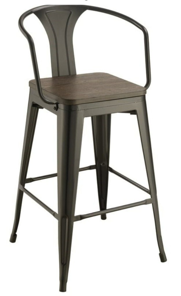 Farmhouse Metal Bar Stool with Dark Wood Seat