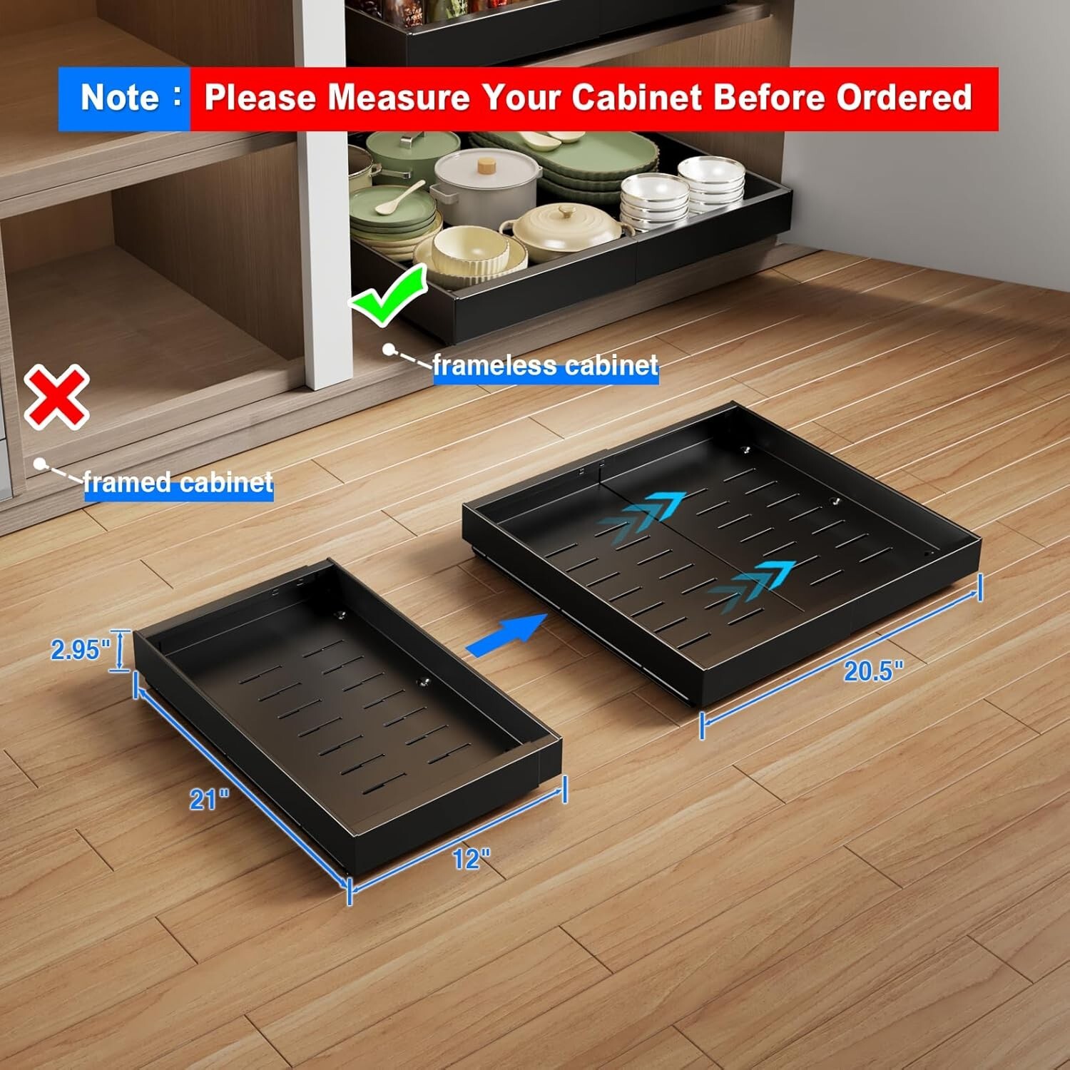 2 Pack Metal 21"Deep Slide Out Drawer for Cabinets Adhesive or Drilling Black