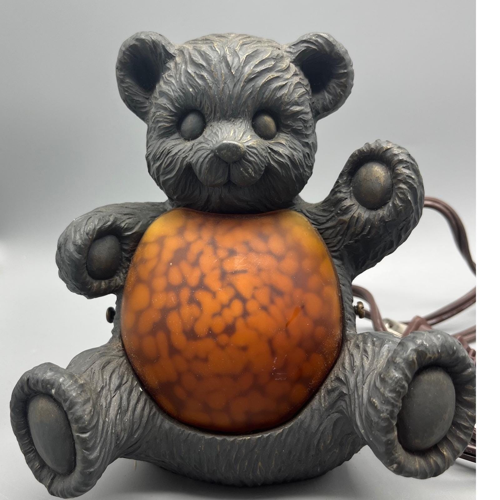 Vintage Amber Art Glass Teddy Bear Lamp Cast Iron Base Shell belly 6"