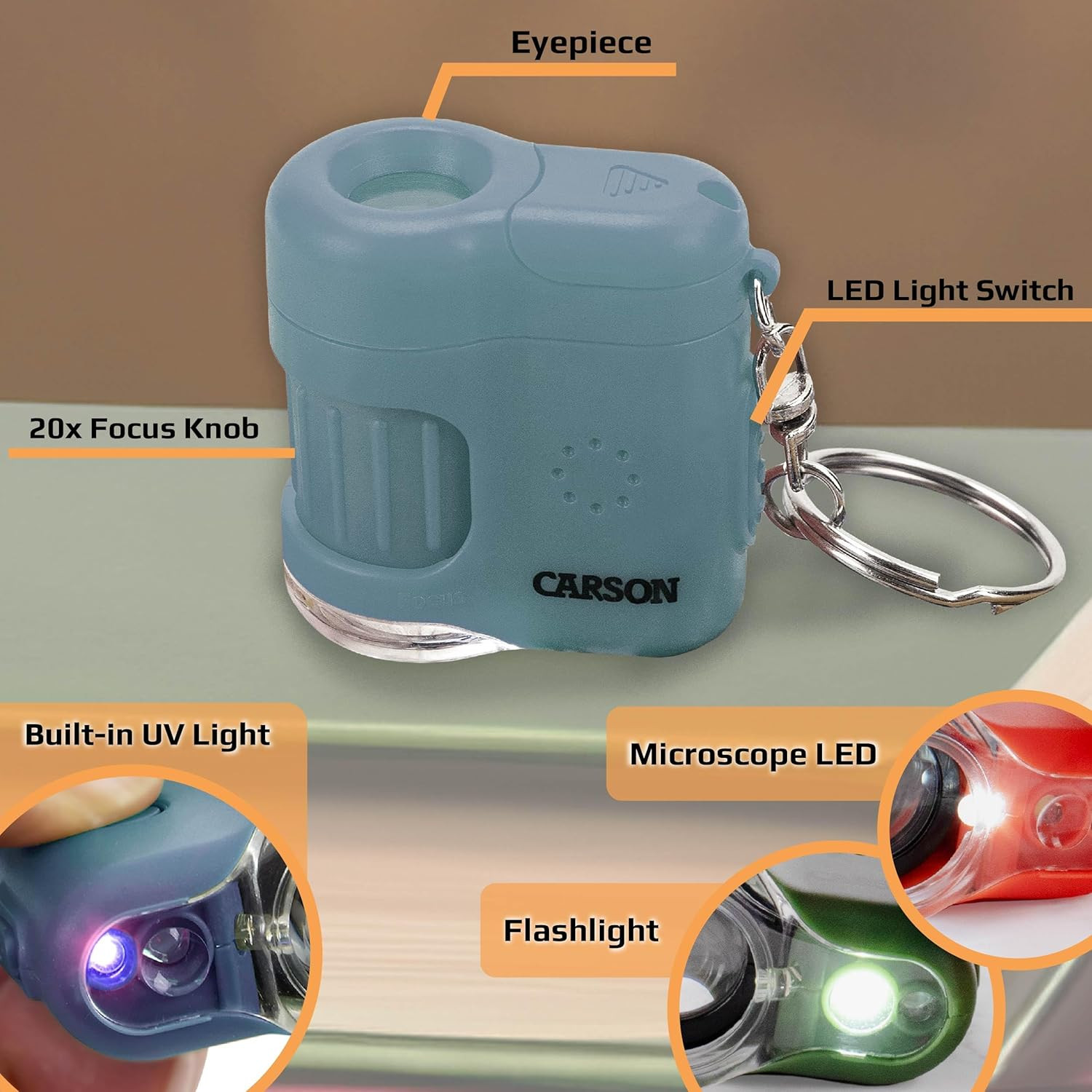 Micromini Blue, Pocket Microscope Keychain | Built-In Flashlight with UV and LED
