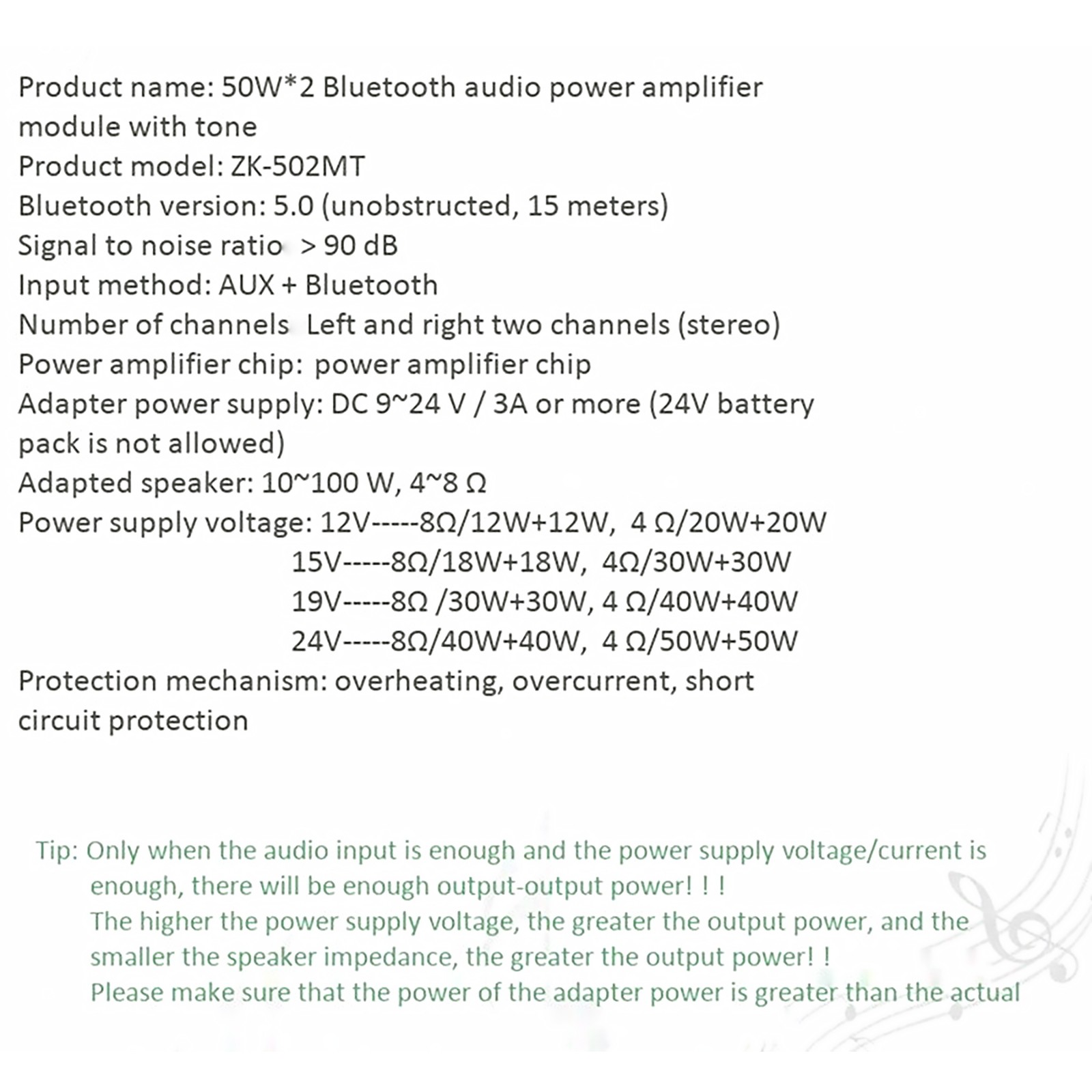 ZK-502MT Bluetooth 5.0 Subwoofer Amplifier Board 50W*2 Power With Adapter