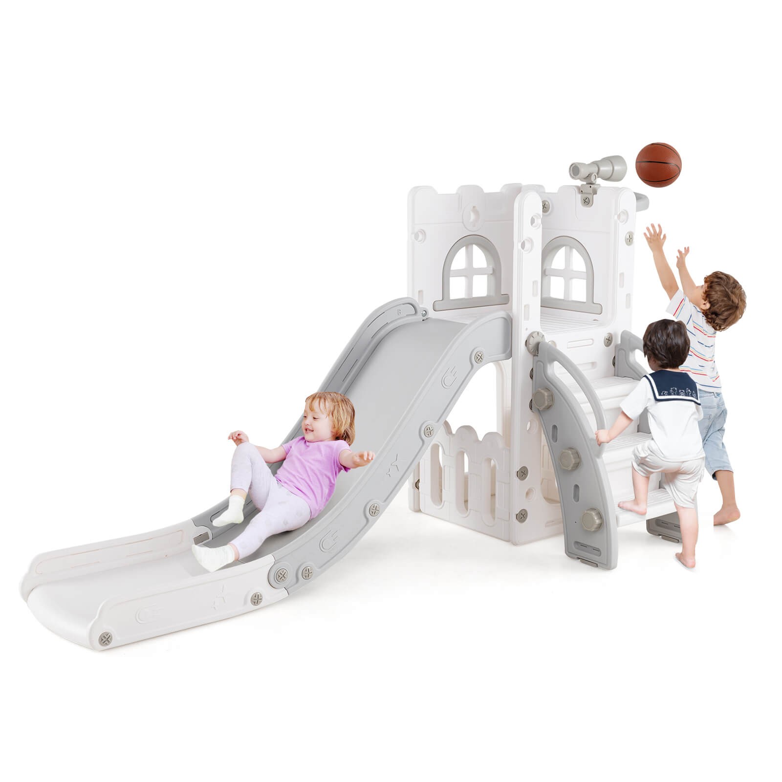 6 in 1 L-shaped Toddle Slide for Toddlers Age 1-3 Baby Slide w/ Basketball Hoop