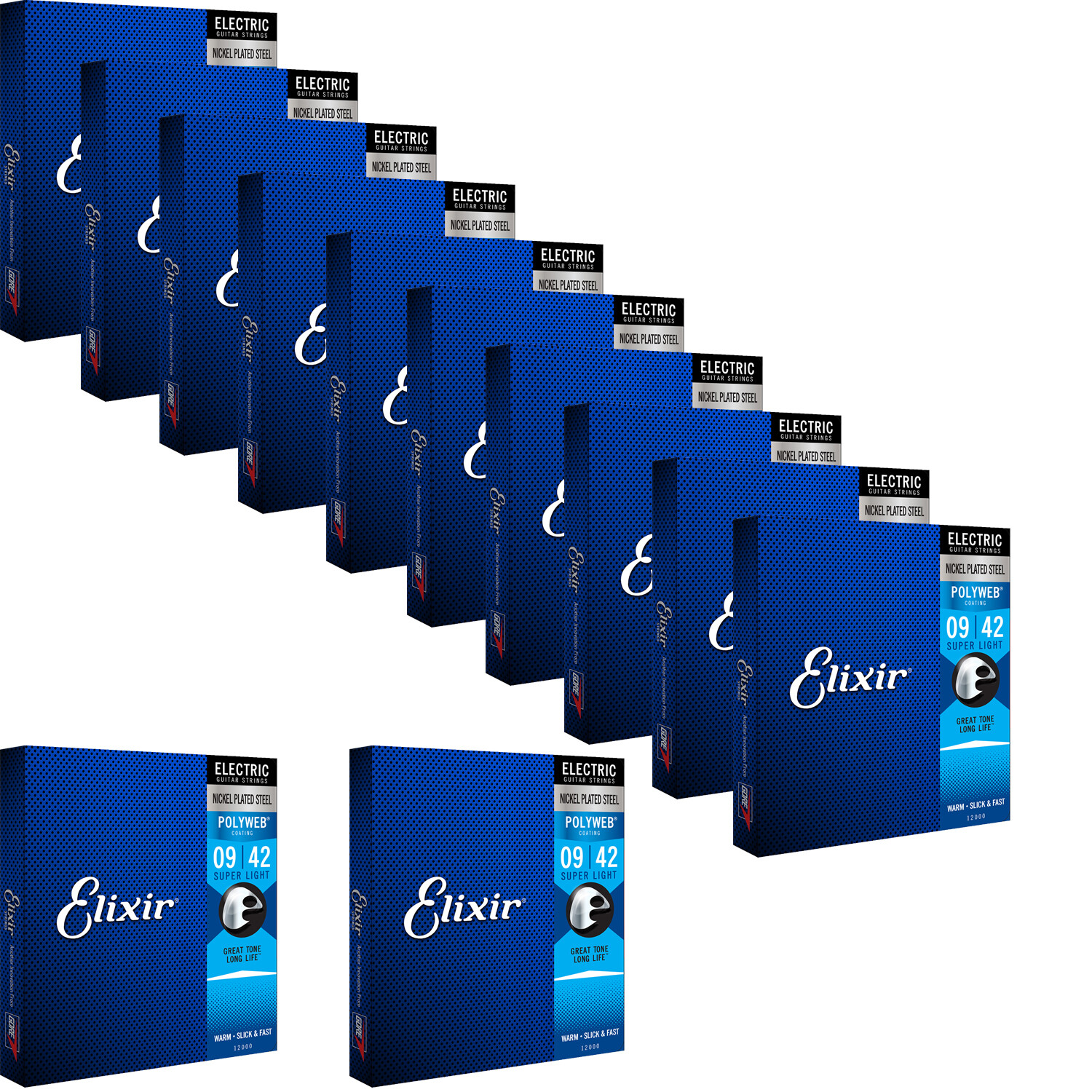 12 Sets Elixir 12000 Electric Nickel POLYWEB Guitar Strings 9-42