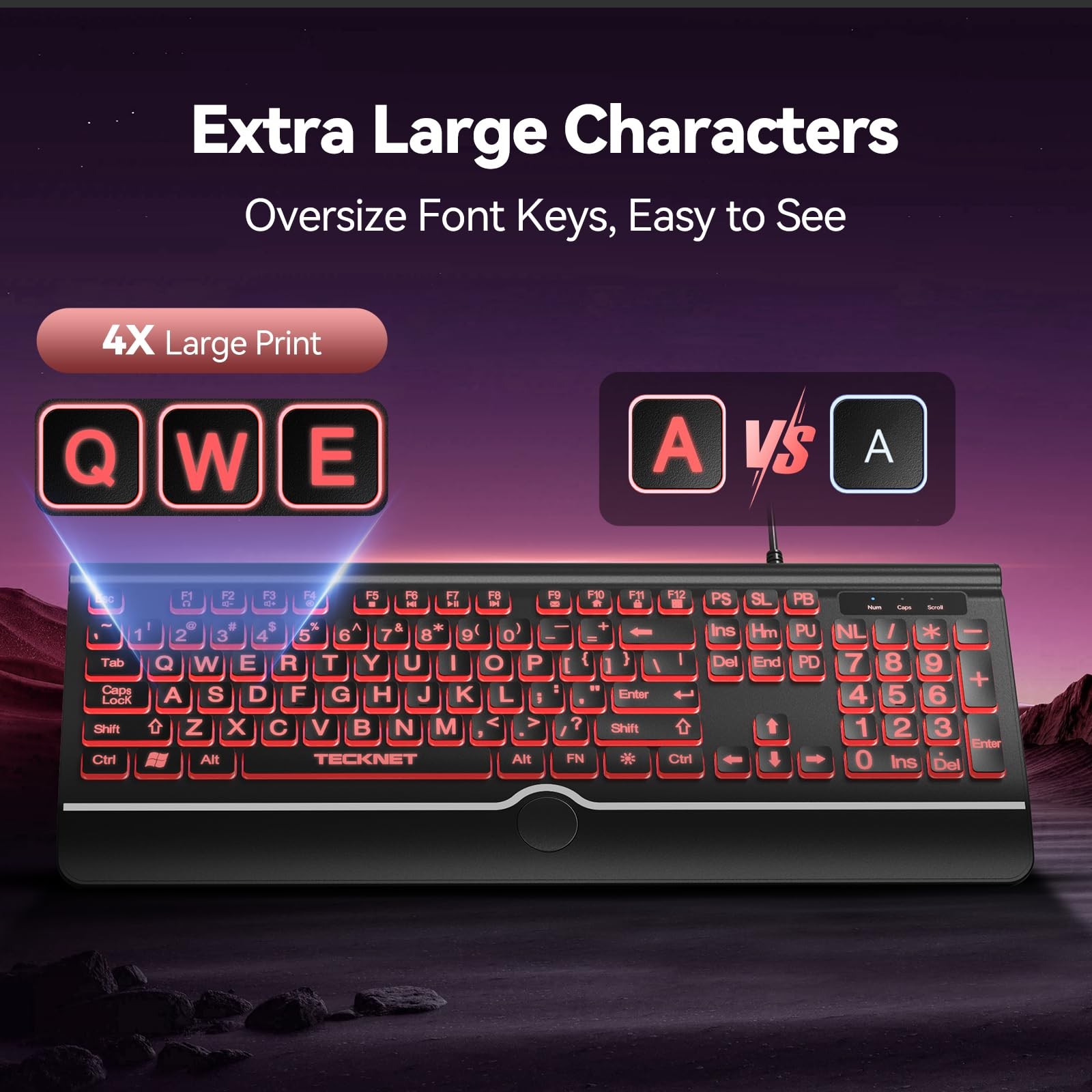 TECKNET Large Print Backlit Keyboard, Wired USB-A Computer Keyboard with Wris...