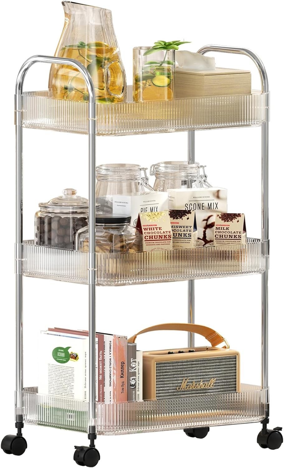 Rolling Cart W/ Lockable Wheels Clear Acrylic Utility Trolley W/ Handle 3 Tier