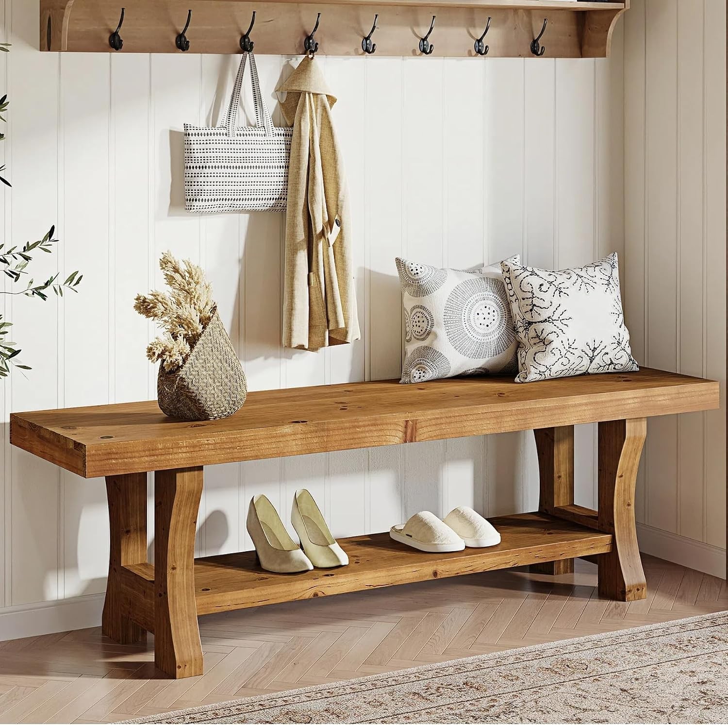 Solid Wood Entryway Bench 55" End of Bed Bench Long Indoor Dining Seat Hallway
