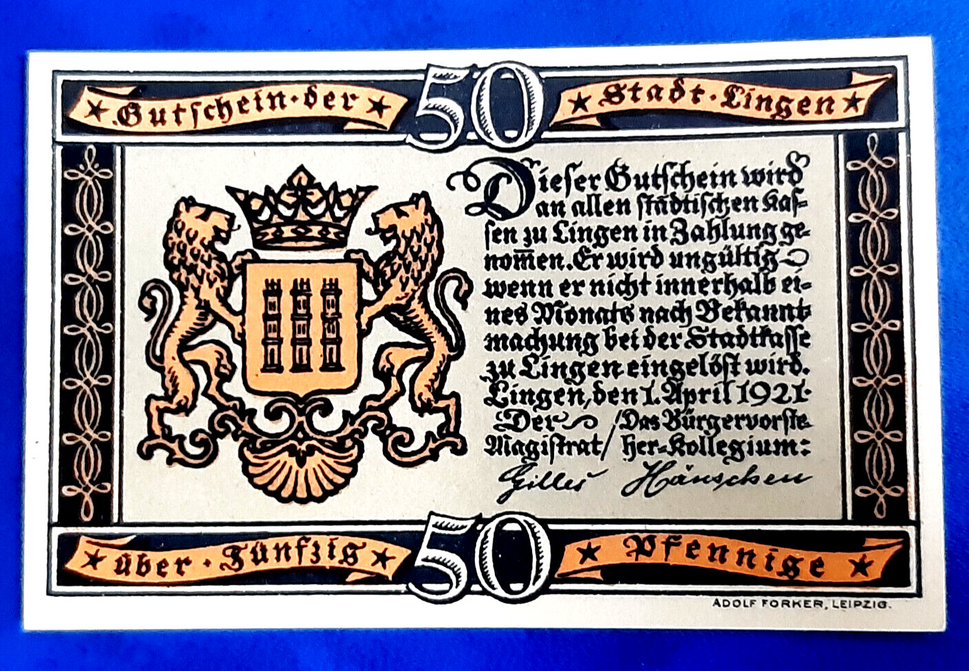 LINGEN NOTGELD 50 PFENNIG 1921 EMERGENCY MONEY GERMANY BANKNOTE (26284)