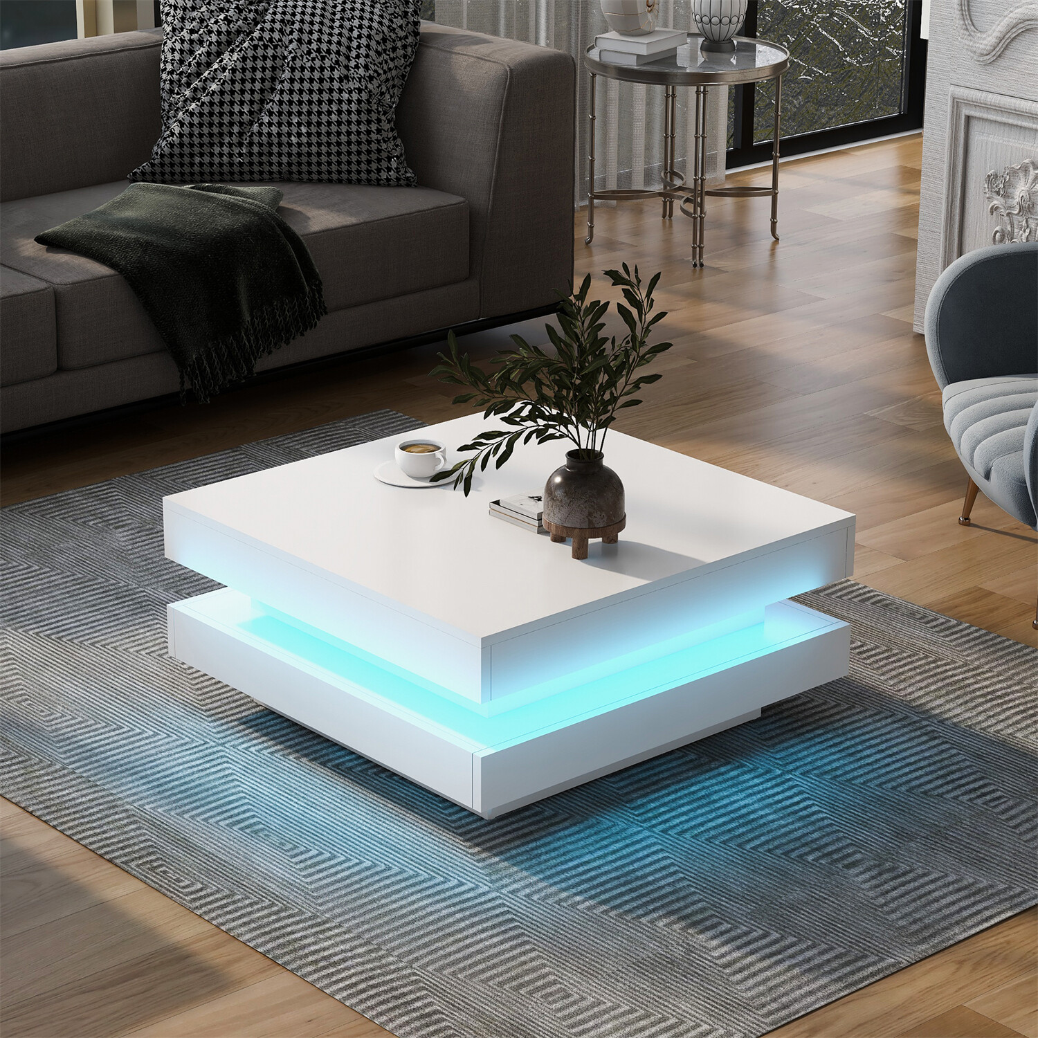 High Gloss Square LED Coffee Table Side End Table Center Table w/ LED Light