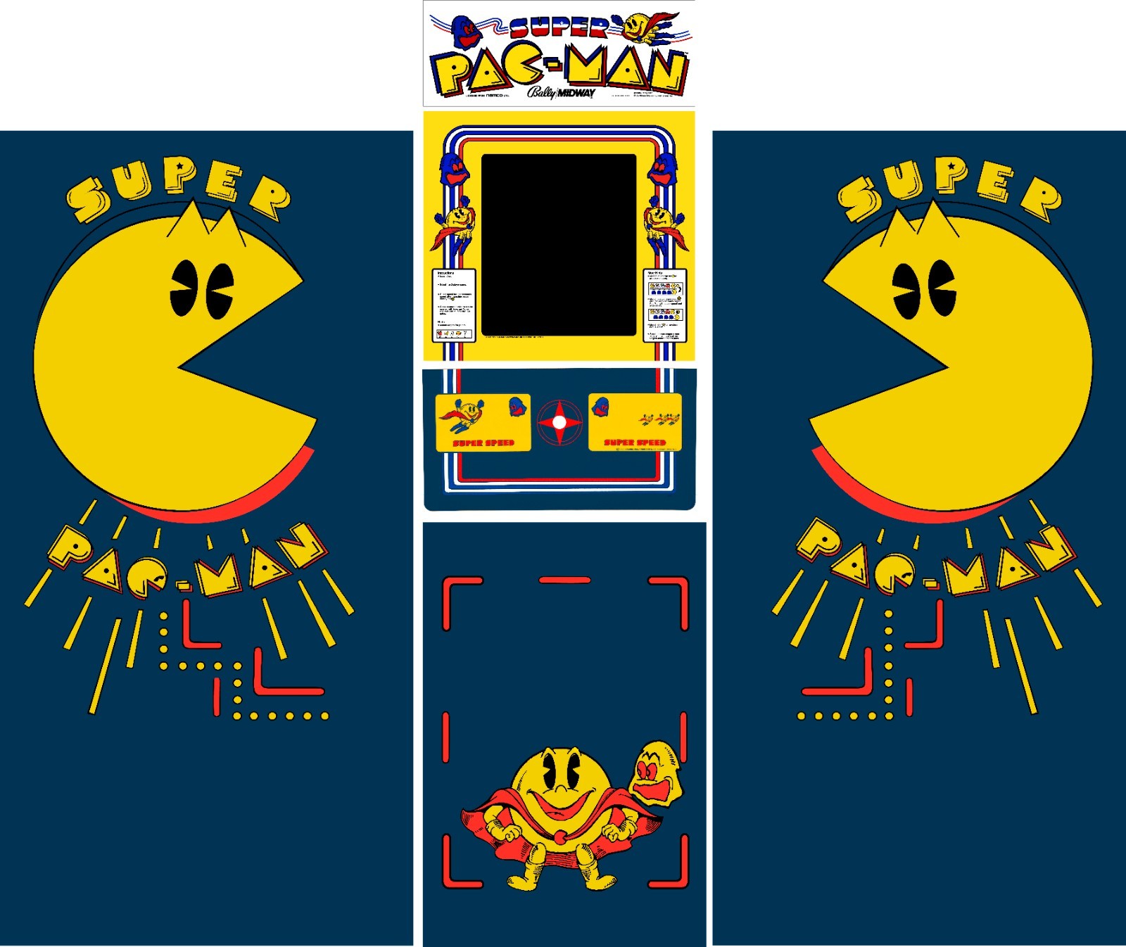 Super Pac Man Arcade Side Art Full Set 6pc Artwork Textured CPO Complete Kit