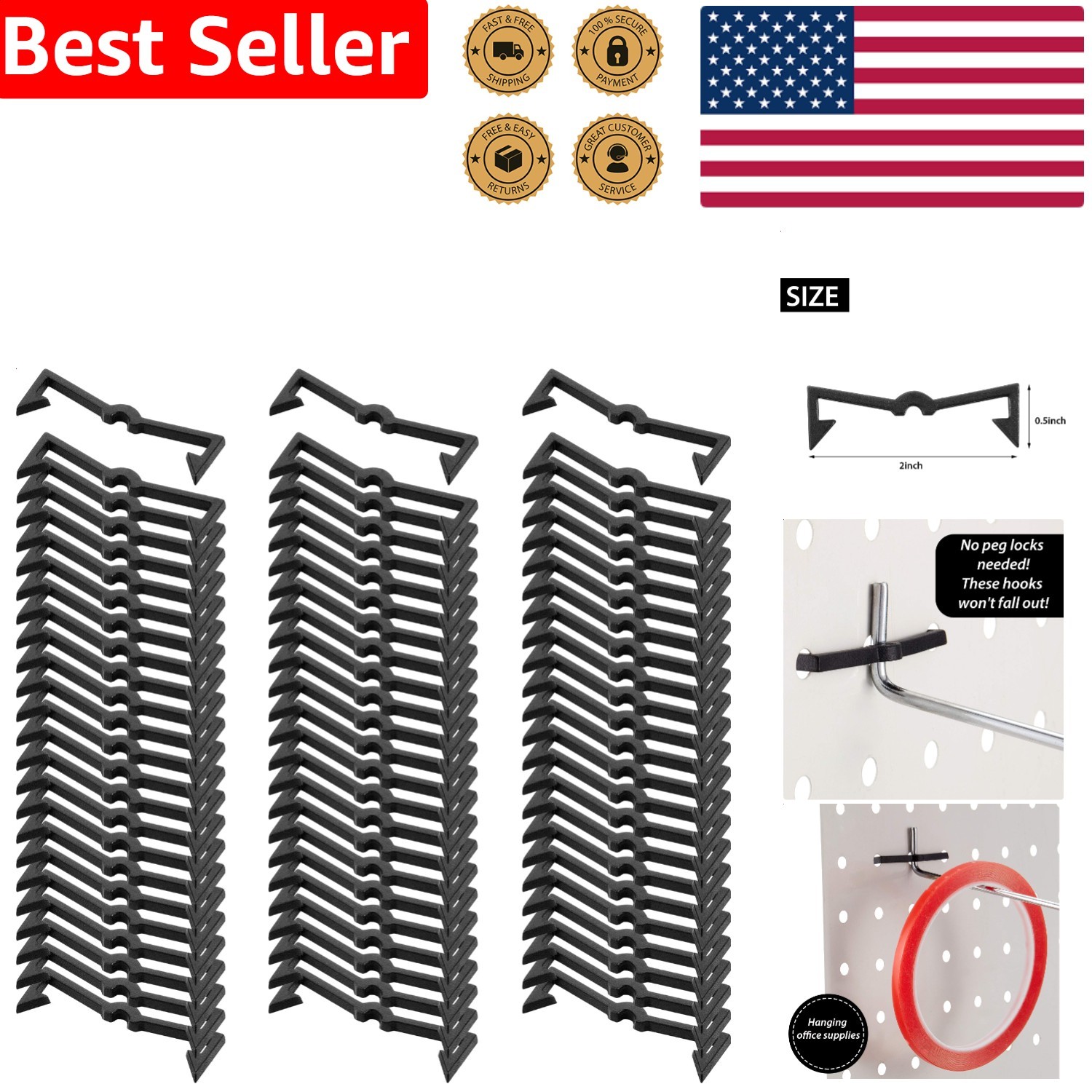 Pegboard Organizers 100 Black Secure Plastic Retainers for 1/8 1/4 Display Hooks