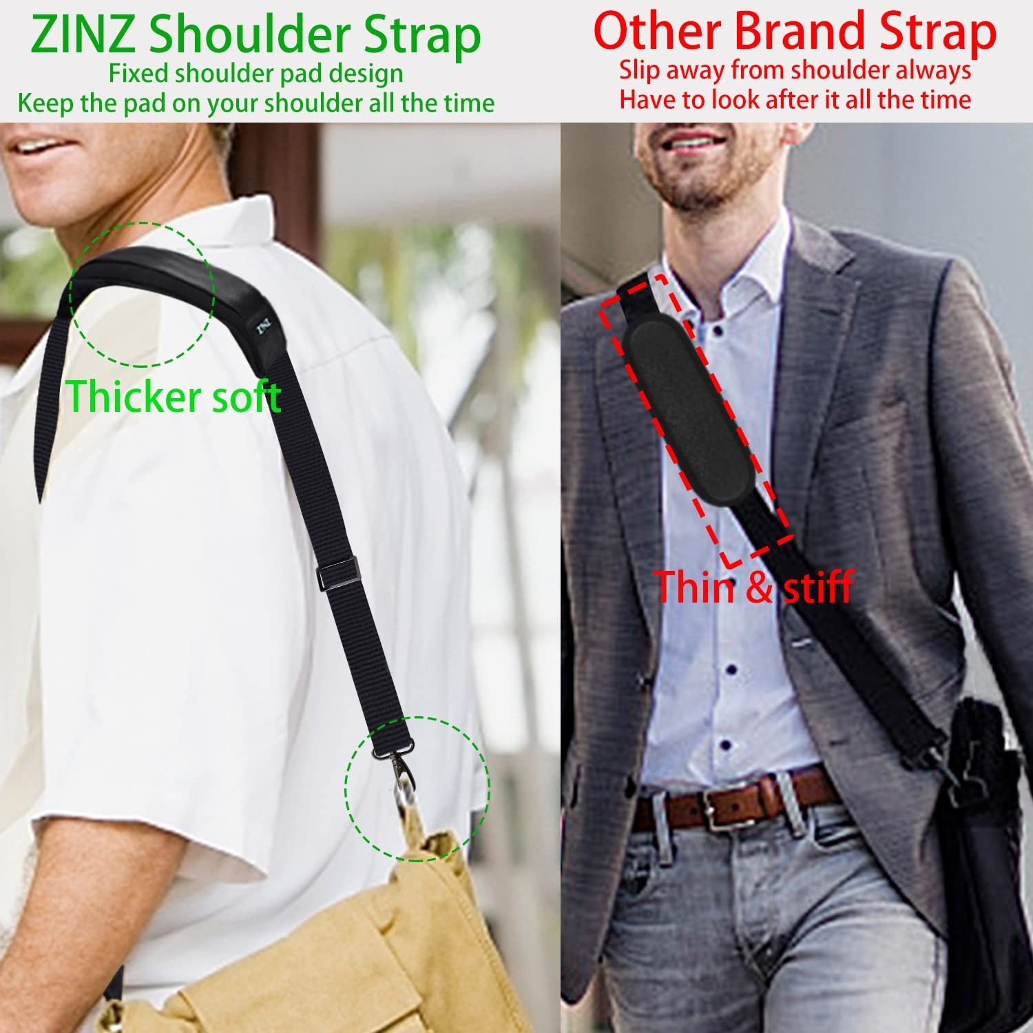 ZINZ Shoulder Strap 58" Ultra-Thick Fixed Padded and Adjustable Buckles Cross...