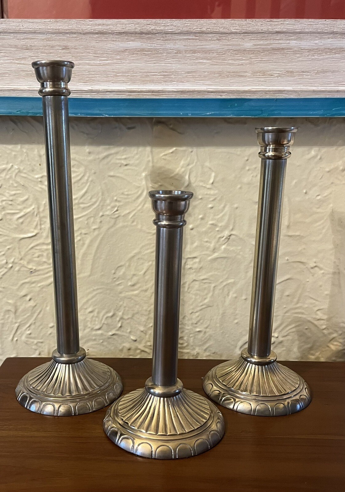 Set of 3 Brushed Nickel Candlestick Holders Varying Heights for Tapered Candles