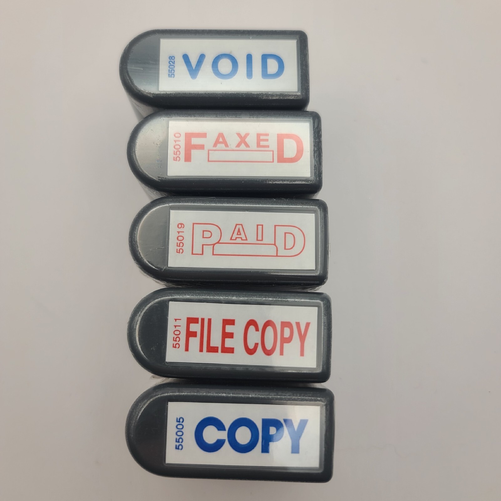 Lot of 5 stamp text on Ultimark Pre-inked Message Stamp with Blue and Red ink.