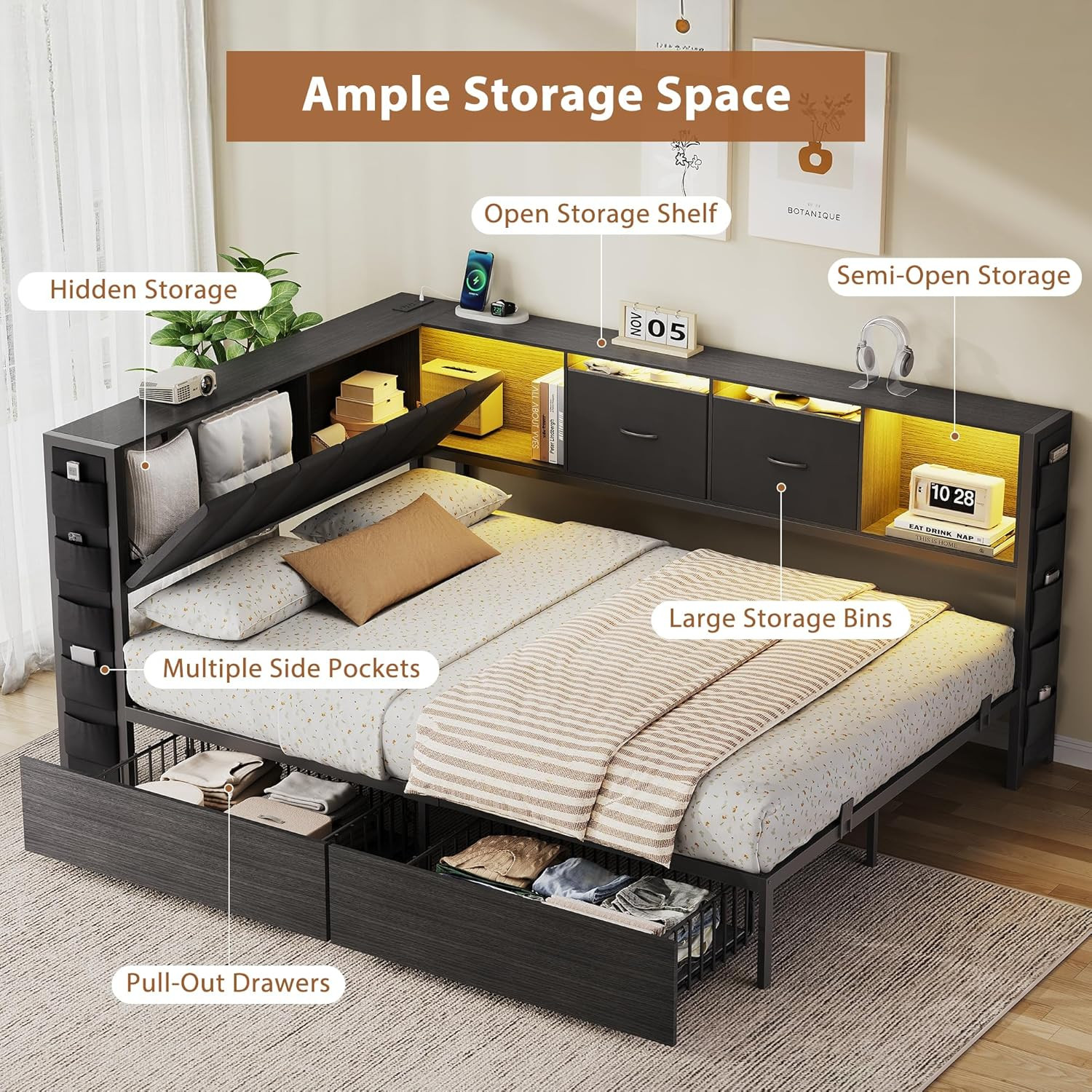 Full Corner Bed Frame with Upholstered Storage Headboard and Drawers, Metal Plat