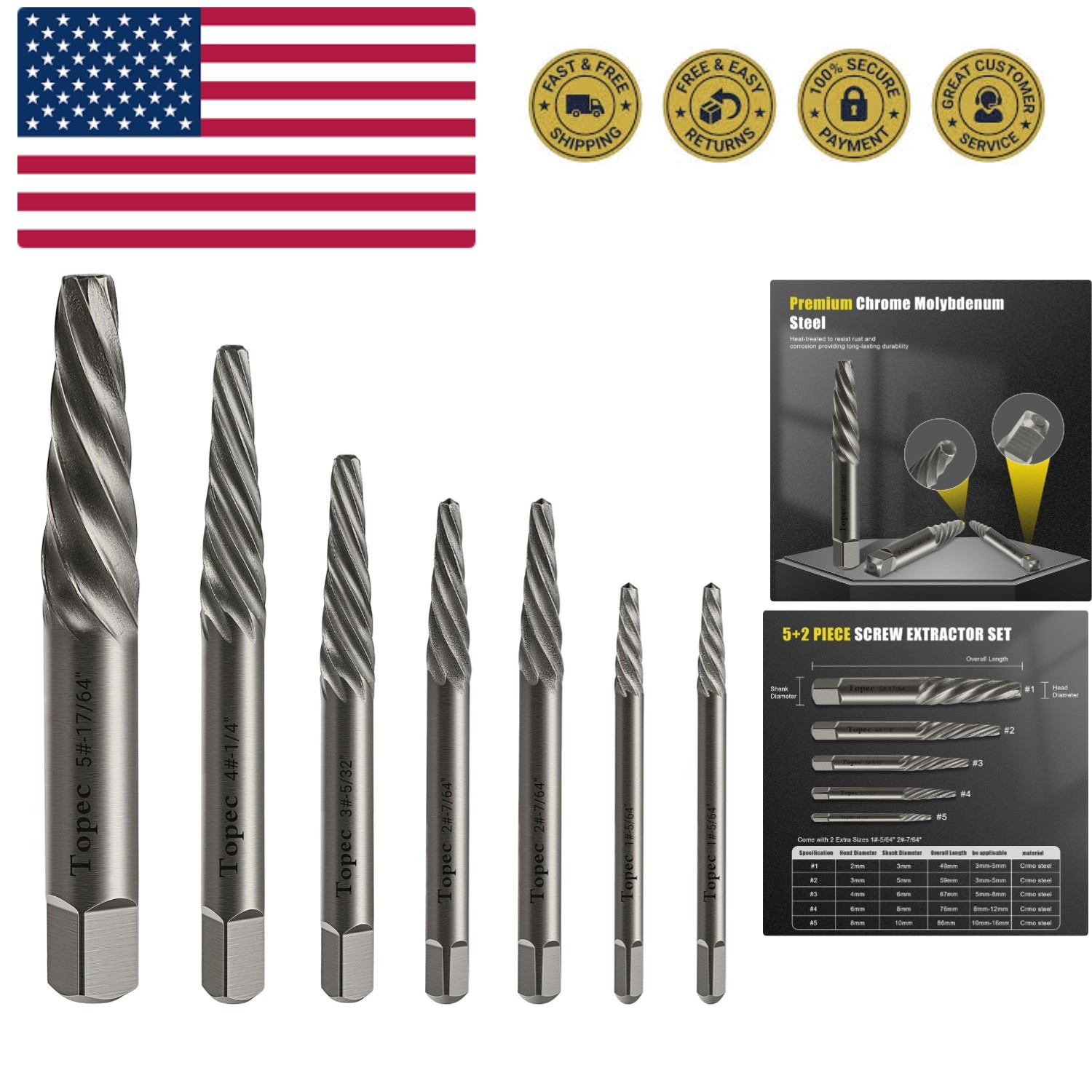 Damaged Screw Extractor Set, 7 Piece Easy Out Bolt Extractor for Easily Remov...