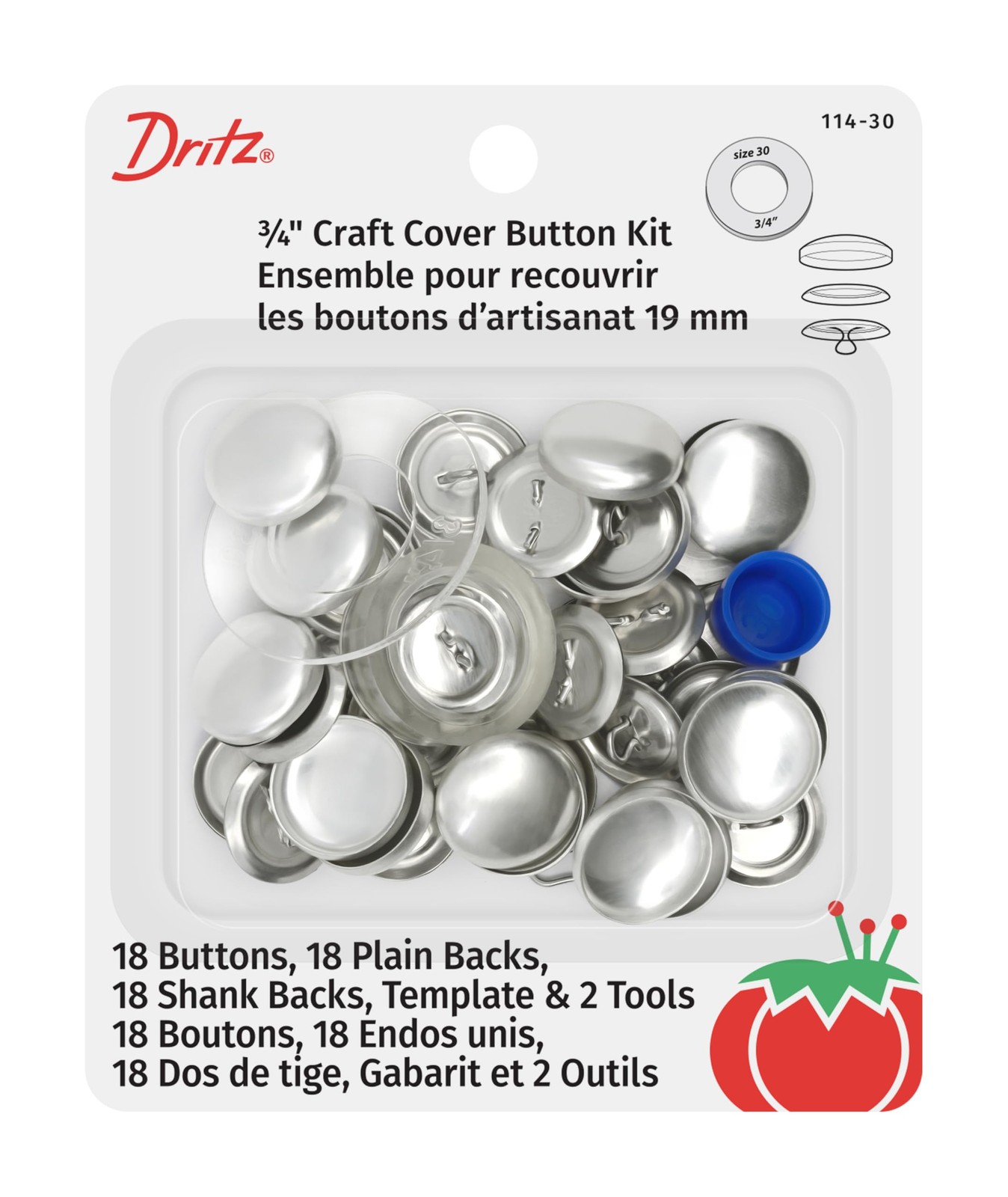 Dritz 114-30 Craft Cover Button Kit with Tools, Size 30 (3/4-Inch), Nickel