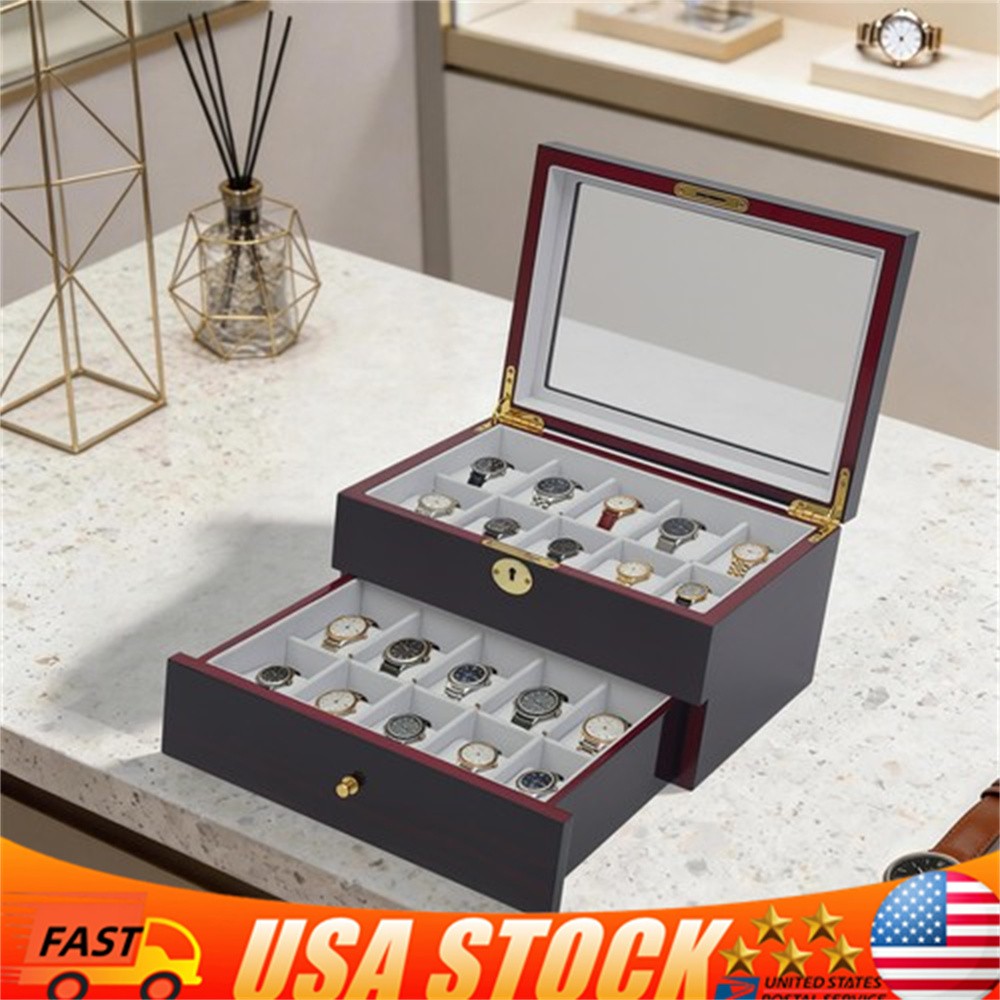 20 Slot Wood Watch Box Display Case Glass Top Jewelry Storage Organizer Box+Lock