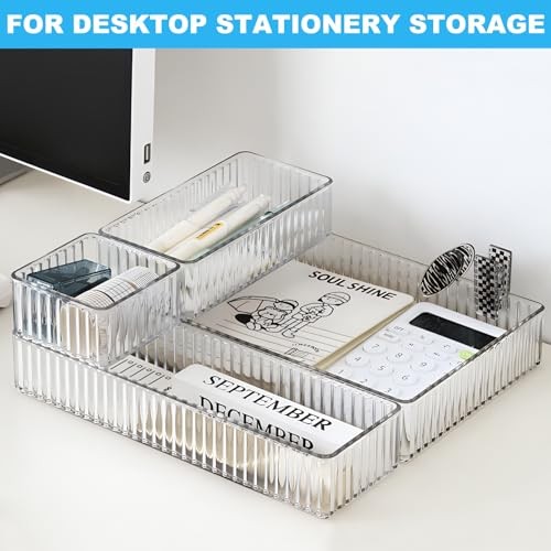 7PCS Clear Drawer Organizers Bins, 4 Size Stackable Makeup Drawer 7 Pack