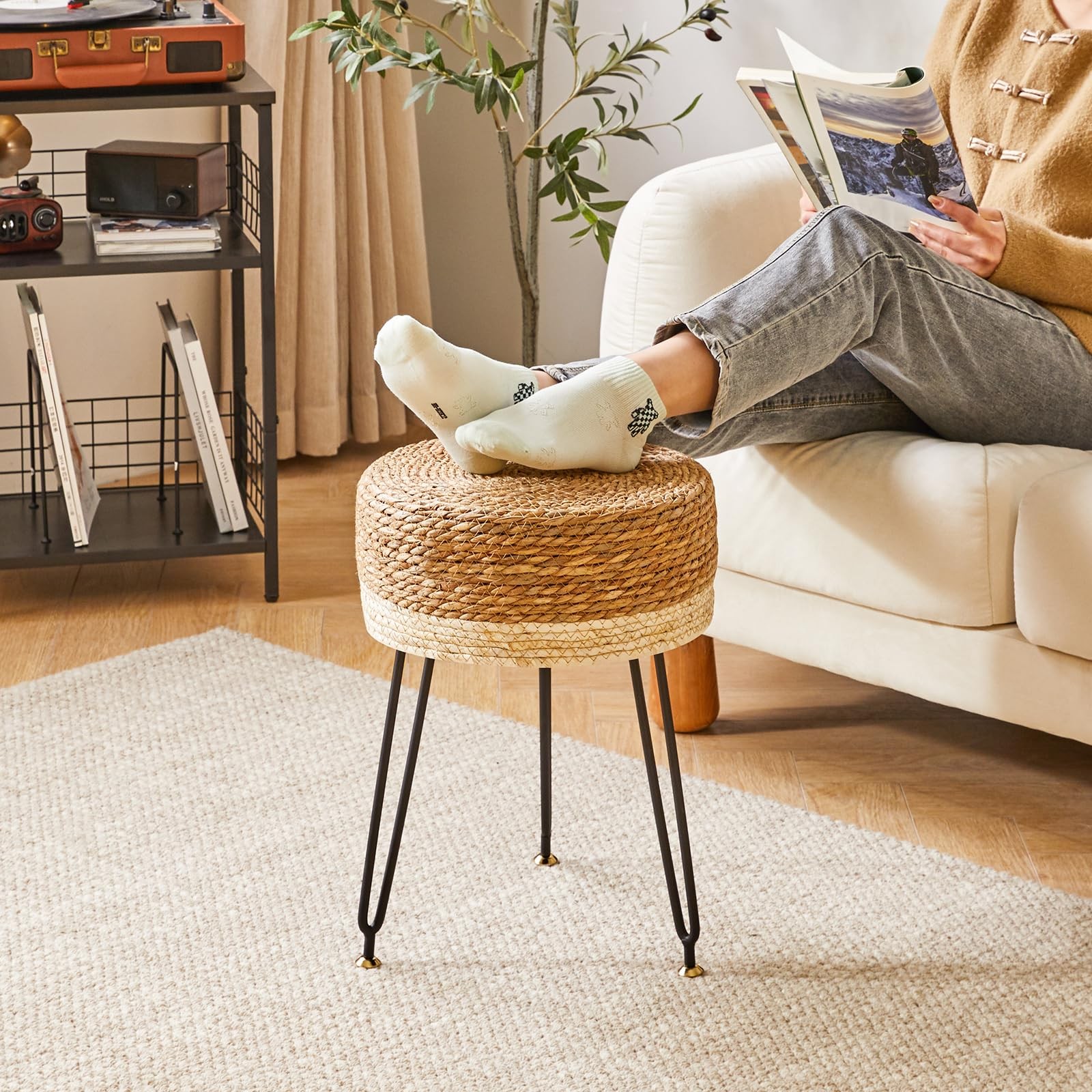 Pouf Ottoman, Handmade Natural Water Hyacinth, Pastoral Style Footrest,