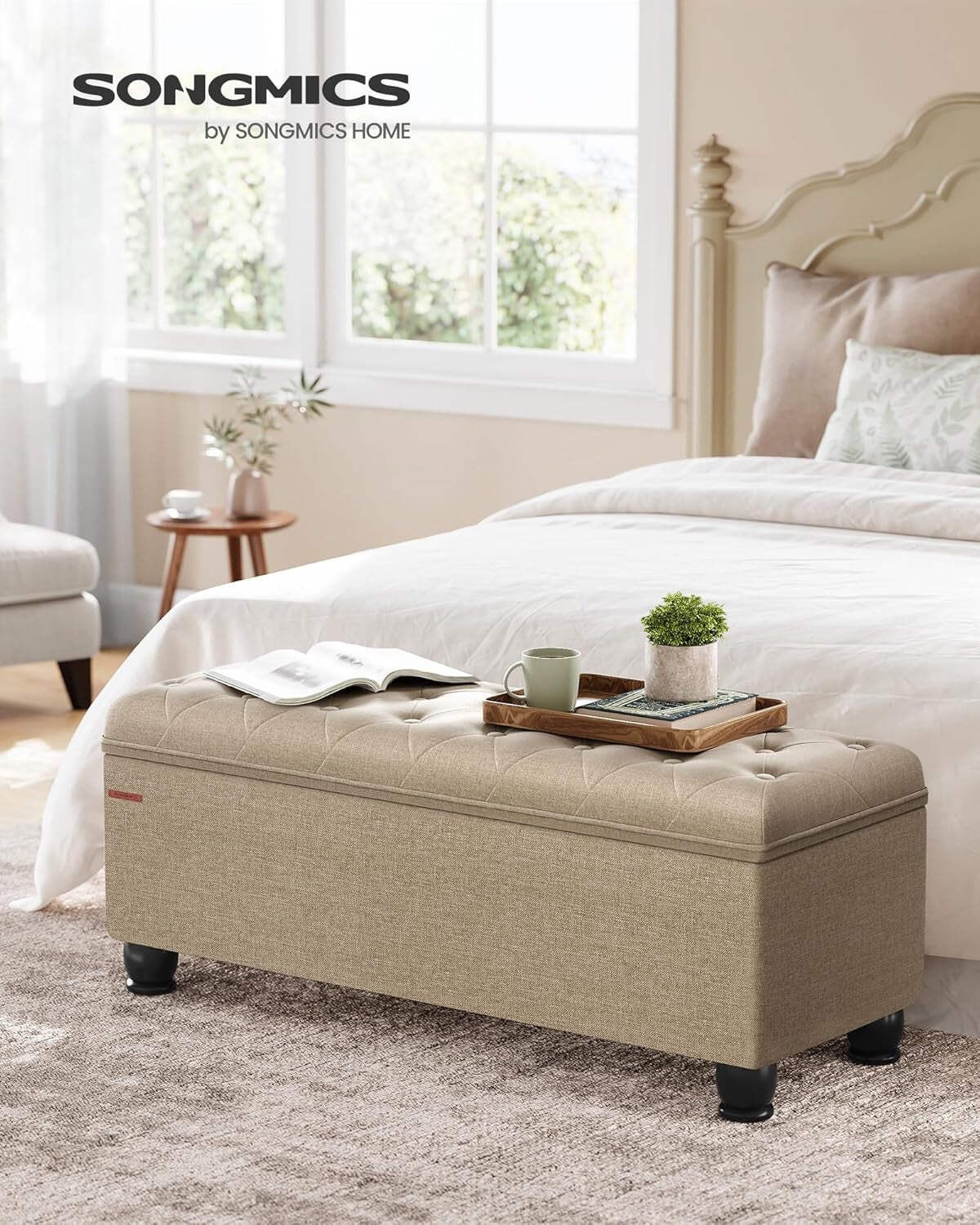 Camel Brown Linen Storage Ottoman Bench Reinforced