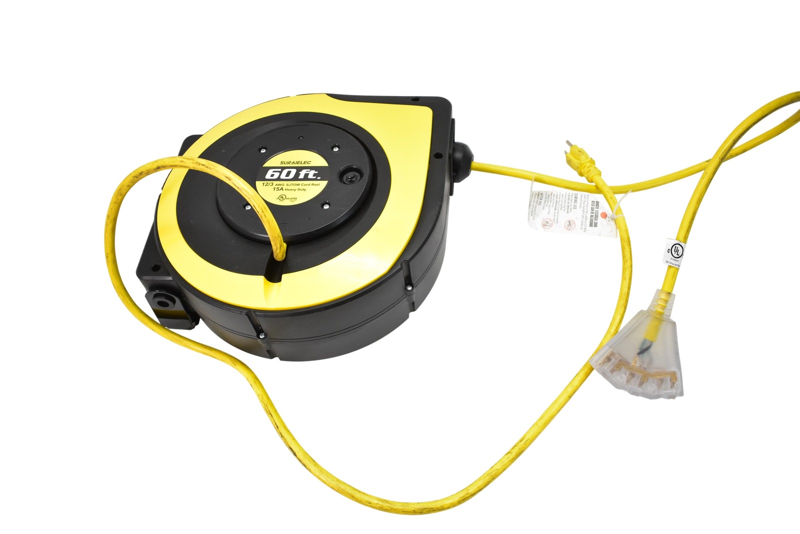 Suraielec Retractable Extension Cord Reel 60 ft 12/3 AWG 15A 3-Outlet UACR602Y