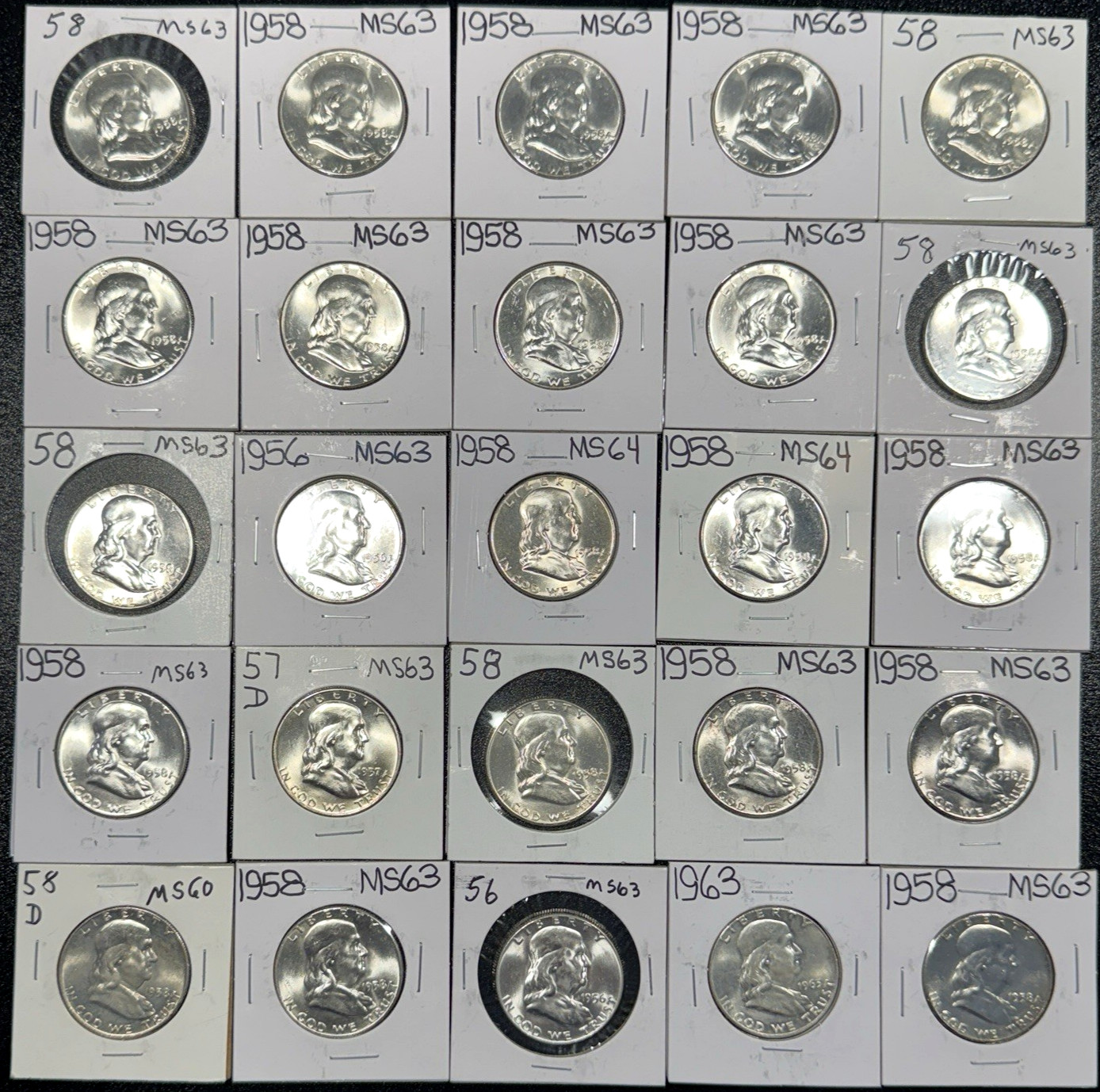 1956-1958 Benjamin Franklin Silver Half Dollar LOT OF 25 COINS Uncirculated BU