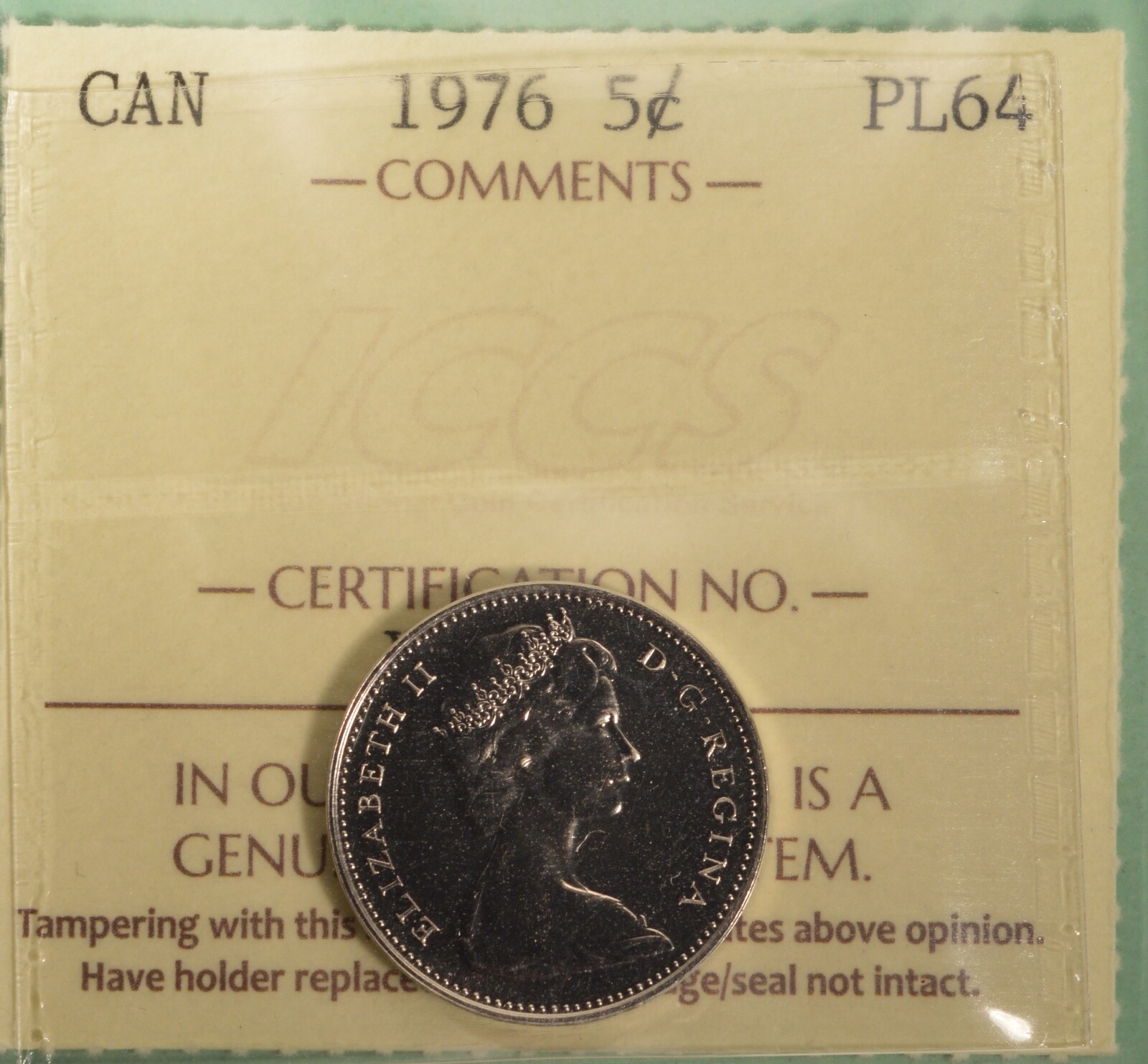 1976 Canada 5 Cents - ICCS PL-64  -  Serial # XLZ 711