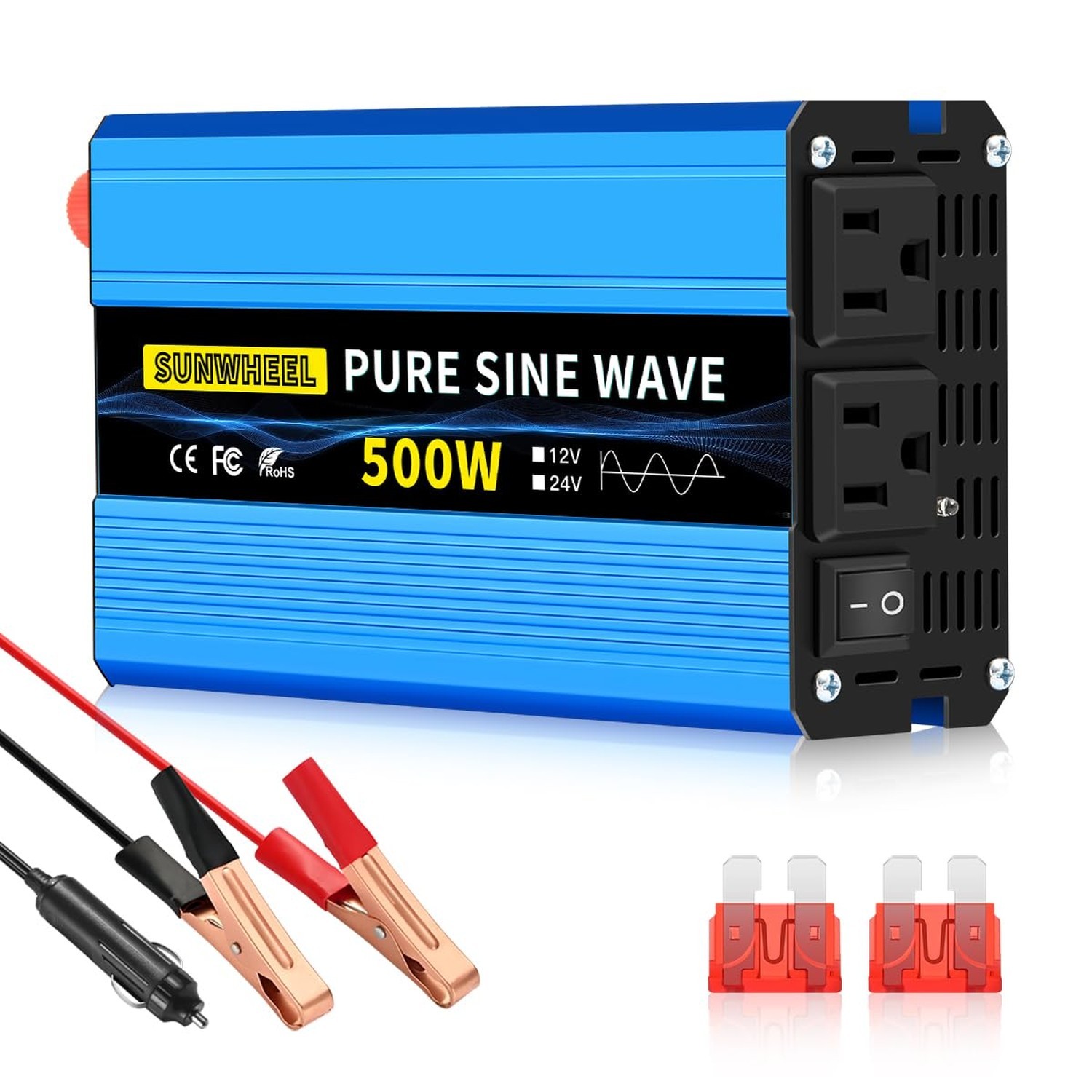SUNWHEEL 500W Pure Sine Wave Inverter, 12V DC to 110V/120V AC Car Power Inver...