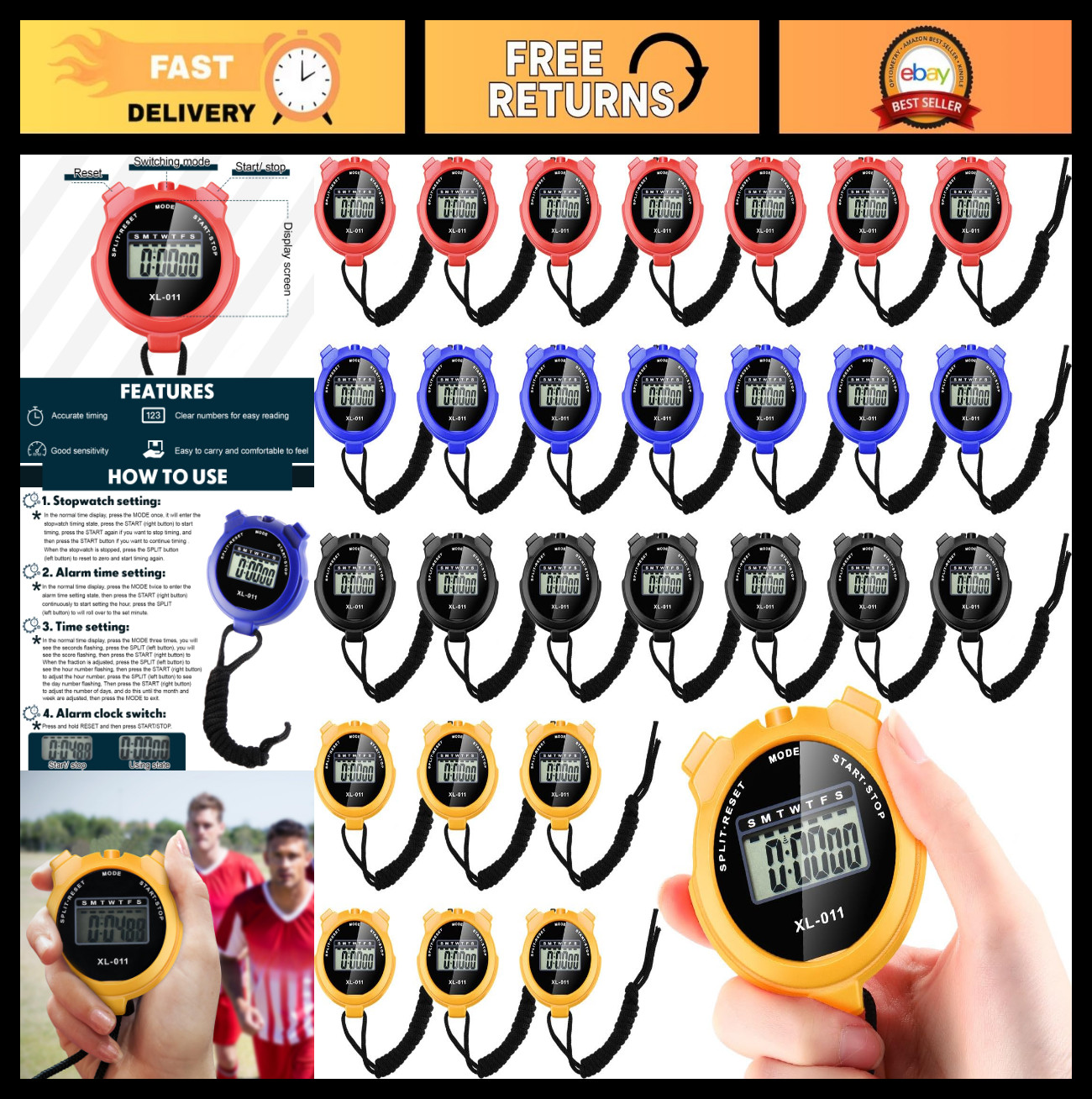 28 Pcs Digital Stopwatch Timer Set - Multi-Function Sports Timer with Lanyard, D