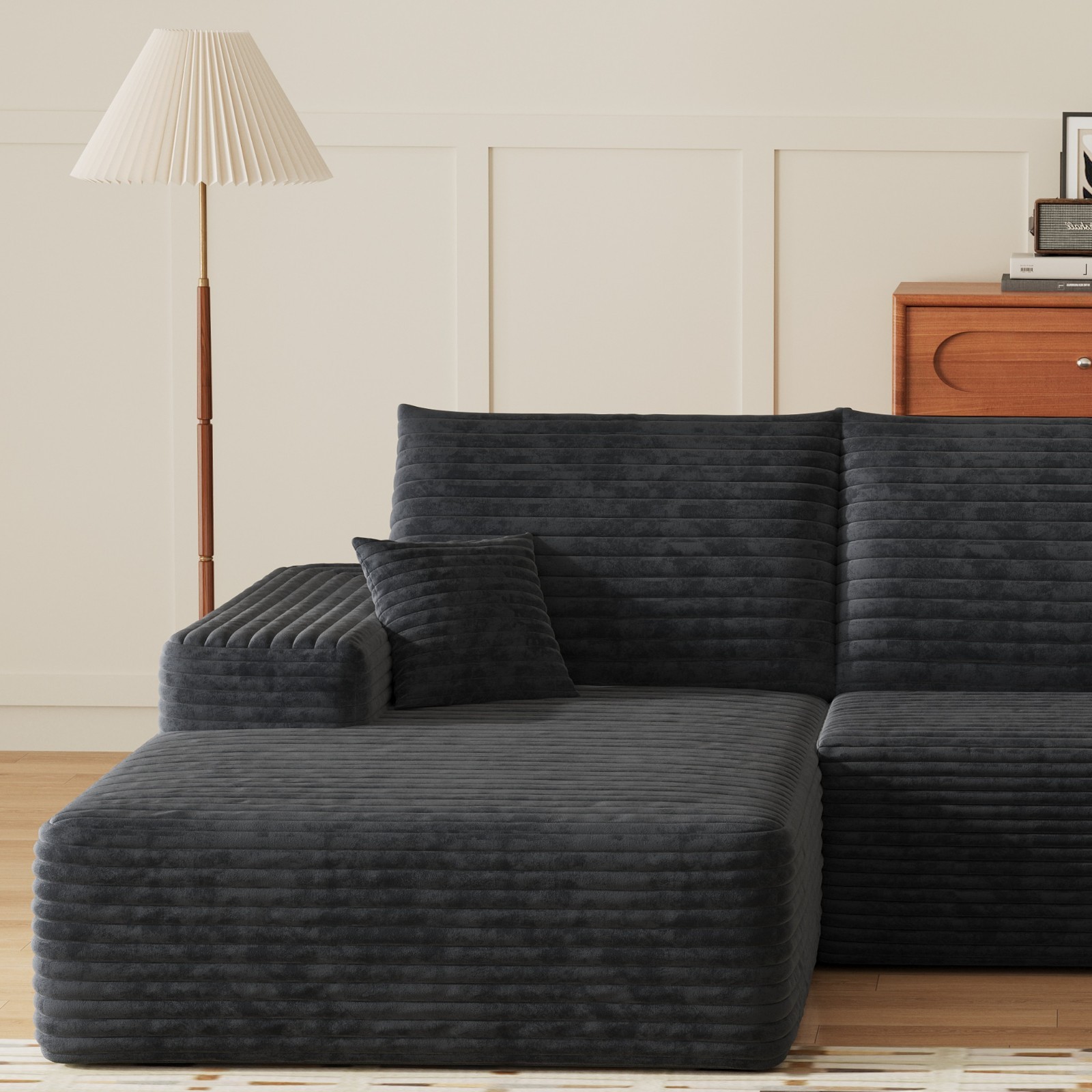 107"Boneless Couch Cloud Sectional Corduroy Sofa Left Facing Chaise with Ottoman