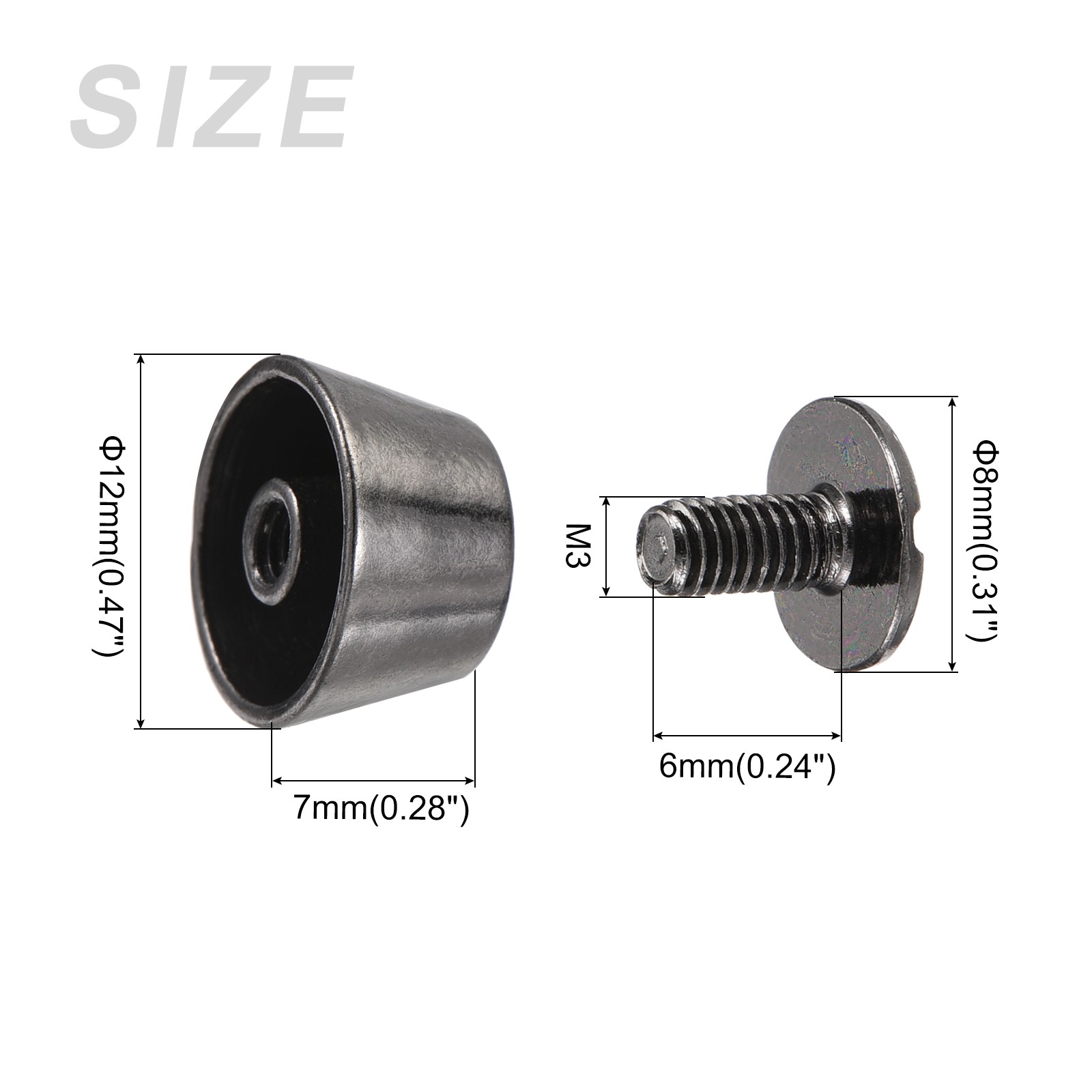 Screw Back Stud Spike (12x7mm) 8pcs, Flat Head Stud Rivets Gun-black
