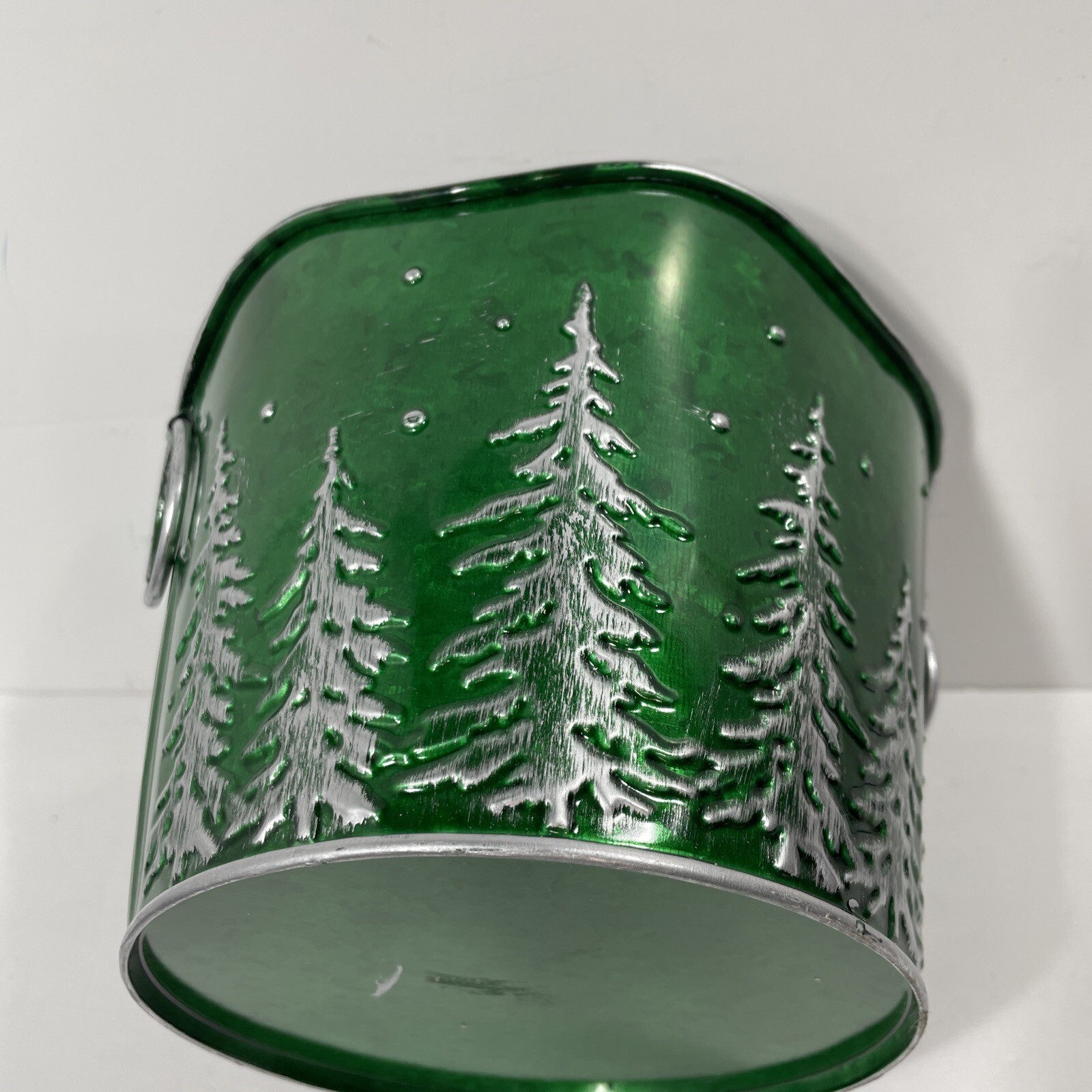 Rustic Forest Green Evergreen Tree Metal Ring Handled Bucket Pail Basket Decor